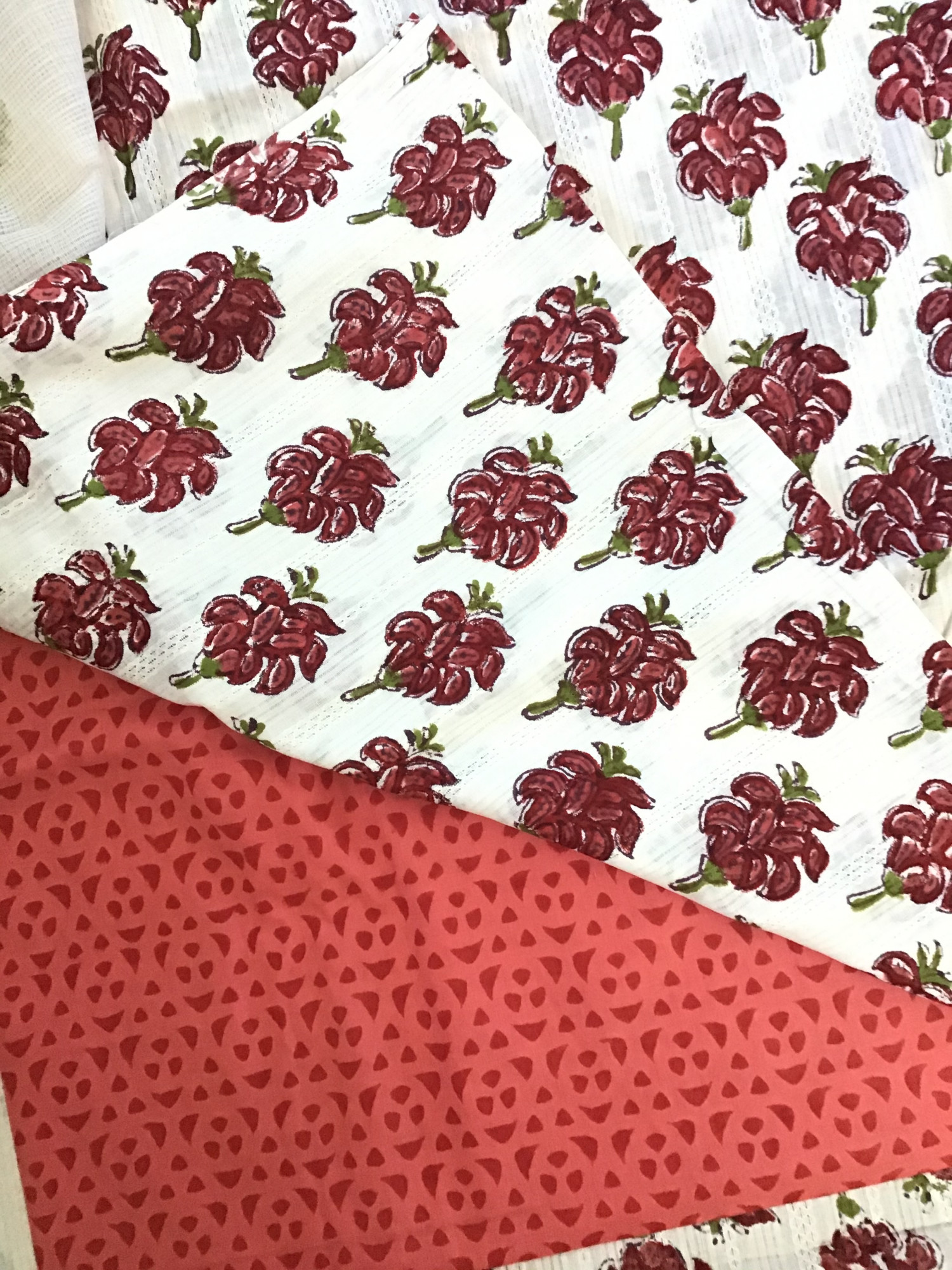 Pure Cotton Self Weaved Printed Suit - WhiteRed