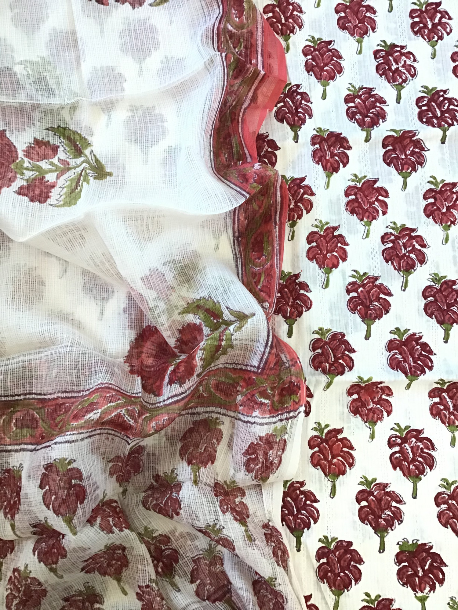 Pure Cotton Self Weaved Printed Suit - WhiteRed