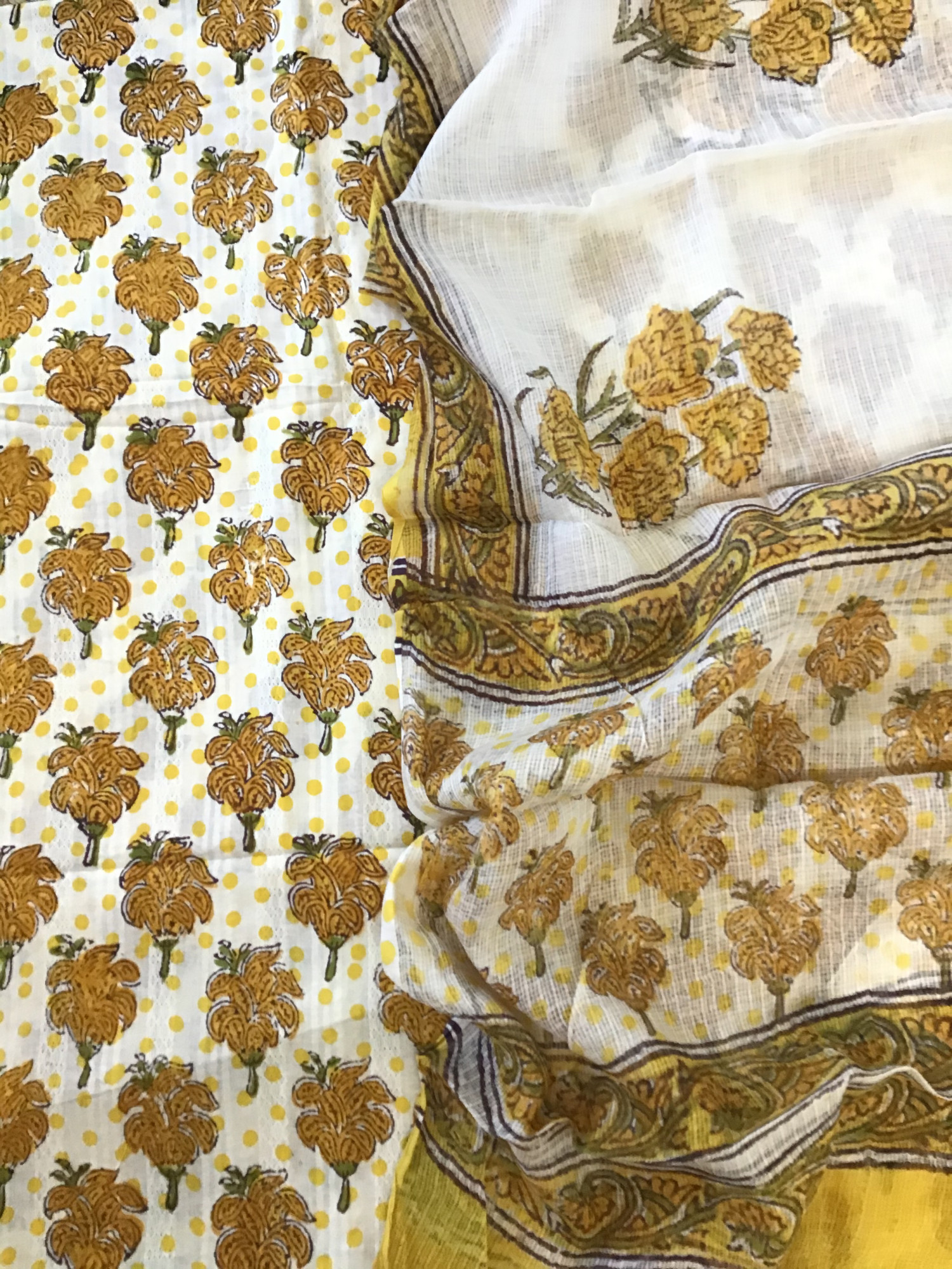 Pure Cotton Self Weaved Printed Suit - WhiteYellow