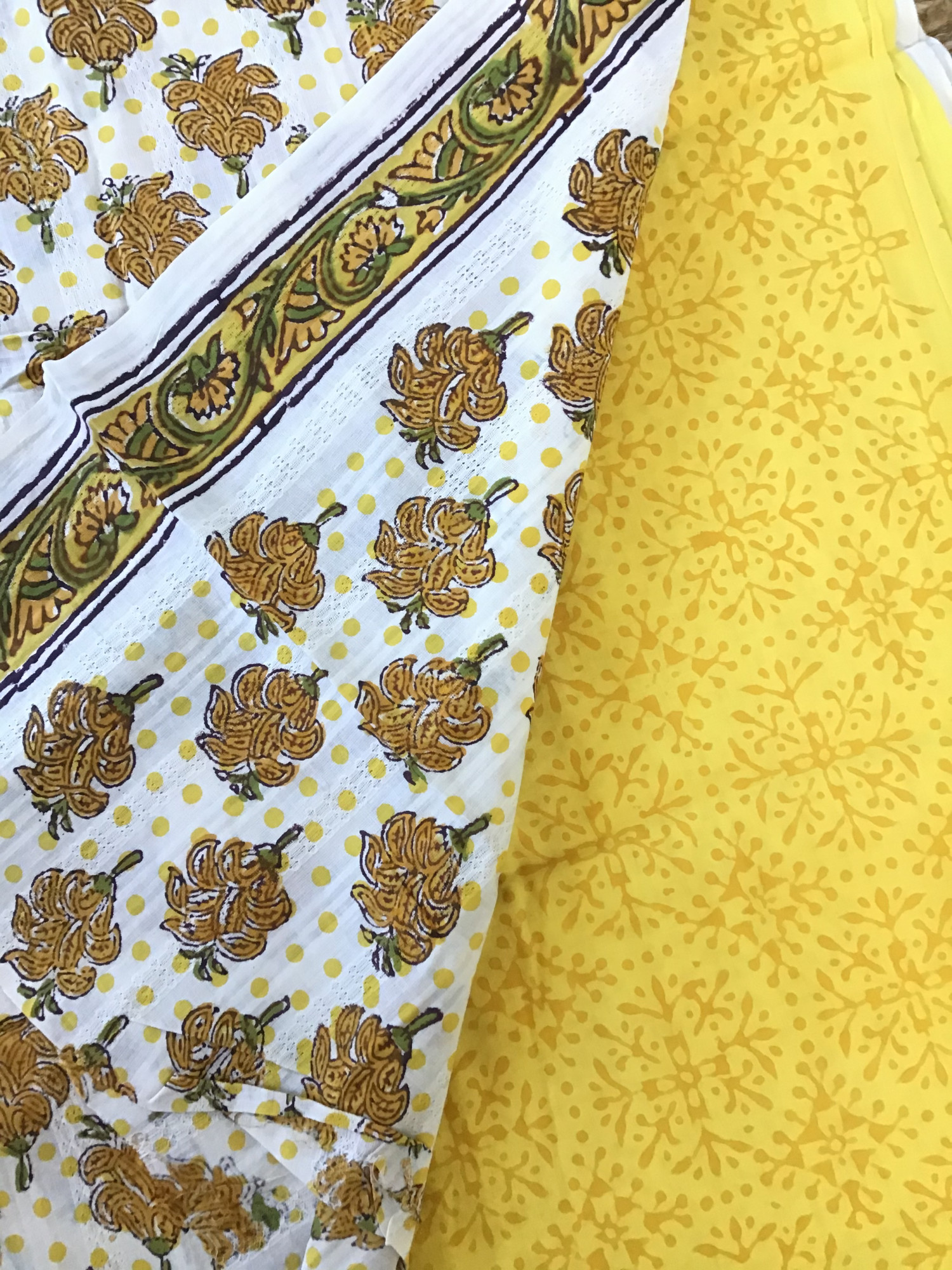 Pure Cotton Self Weaved Printed Suit - WhiteYellow