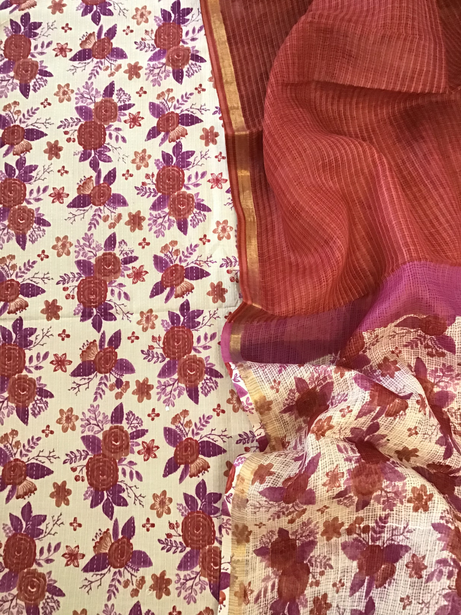 Pure Cotton Printed Embroidered Suit - CreamRed