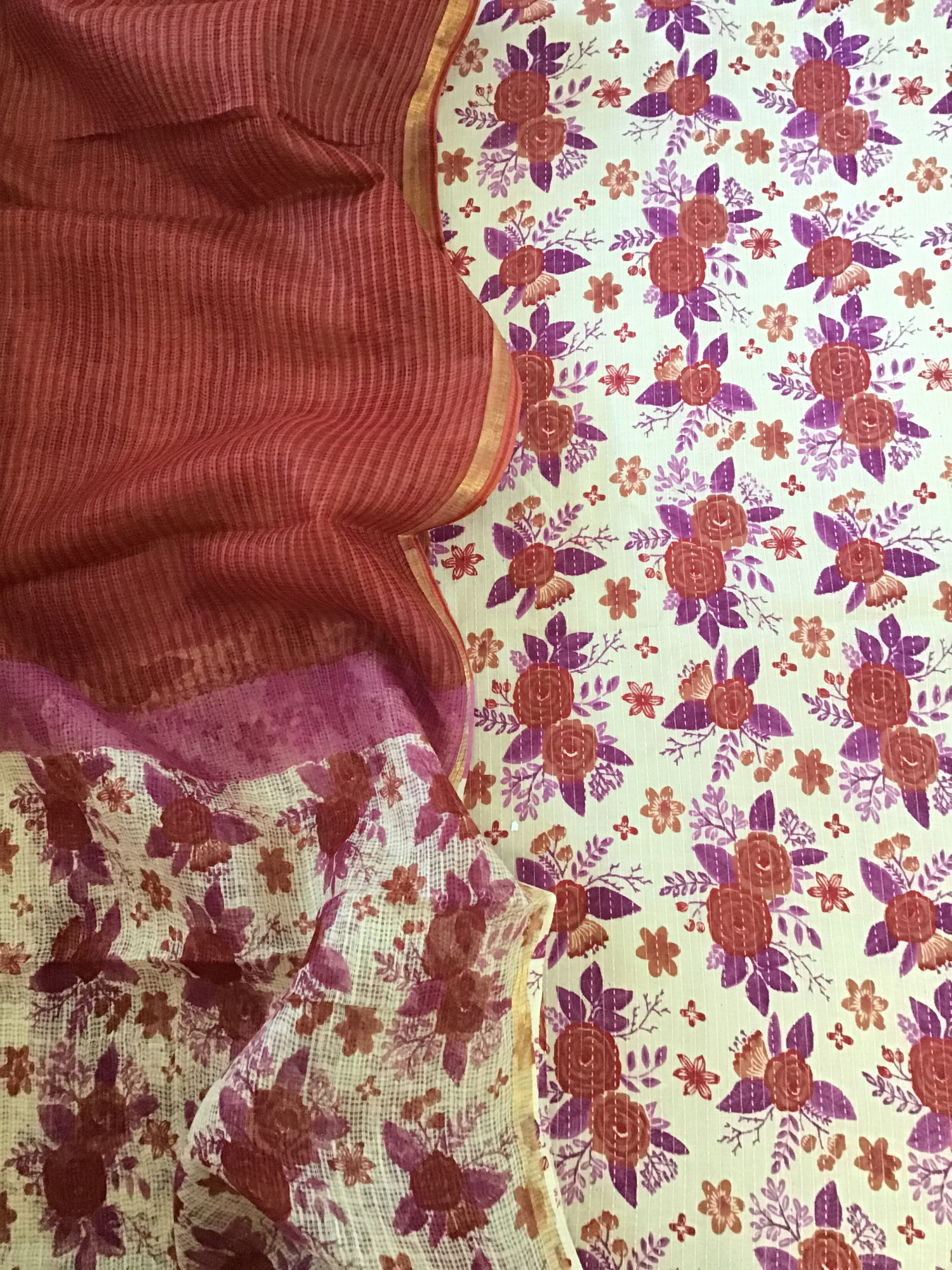 Pure Cotton Printed Embroidered Suit - CreamRed