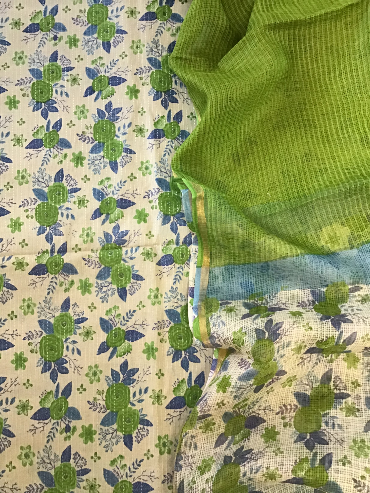 Pure Cotton Printed Embroidered Suit - CreamGreen