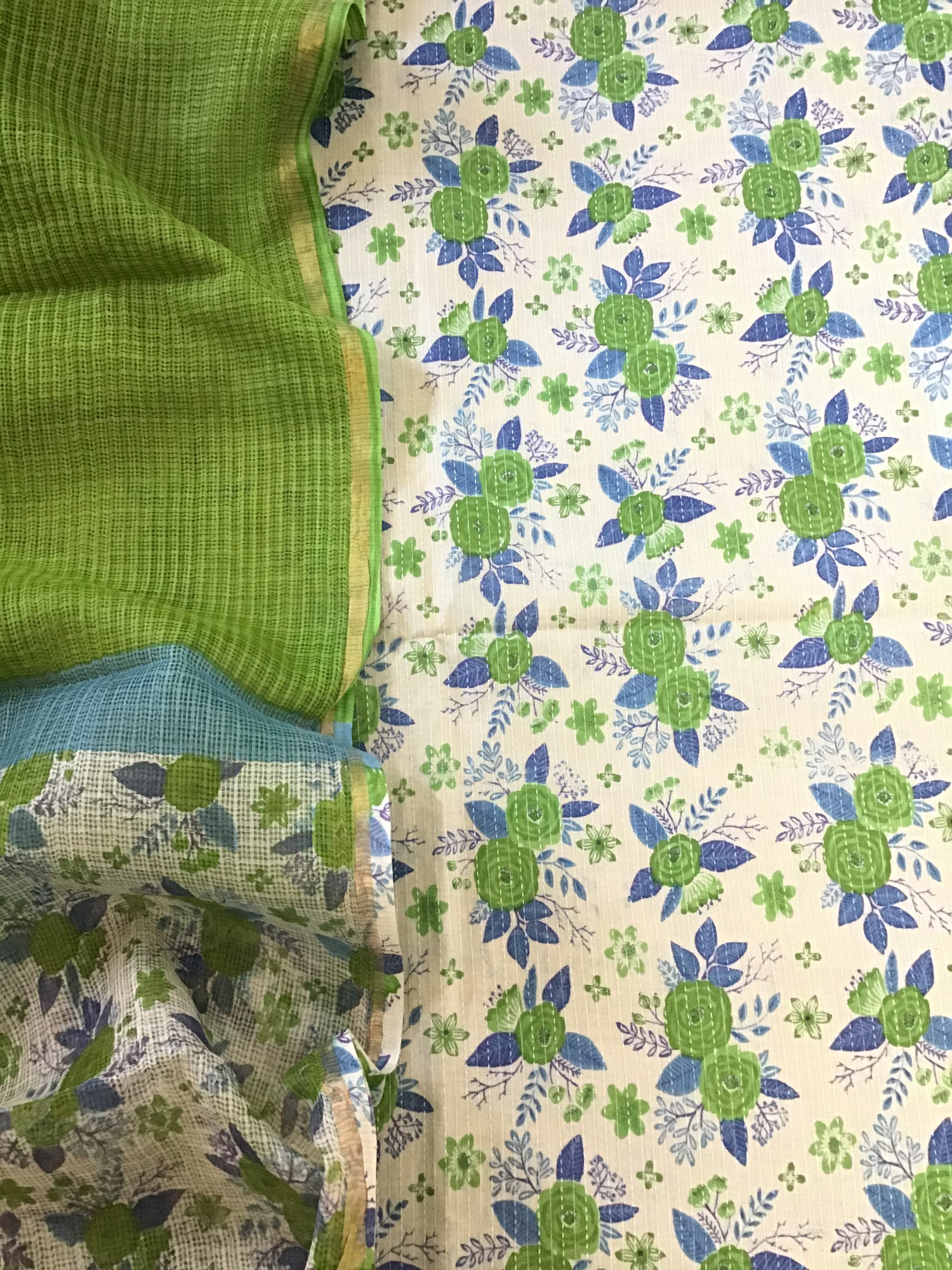 Pure Cotton Printed Embroidered Suit - CreamGreen