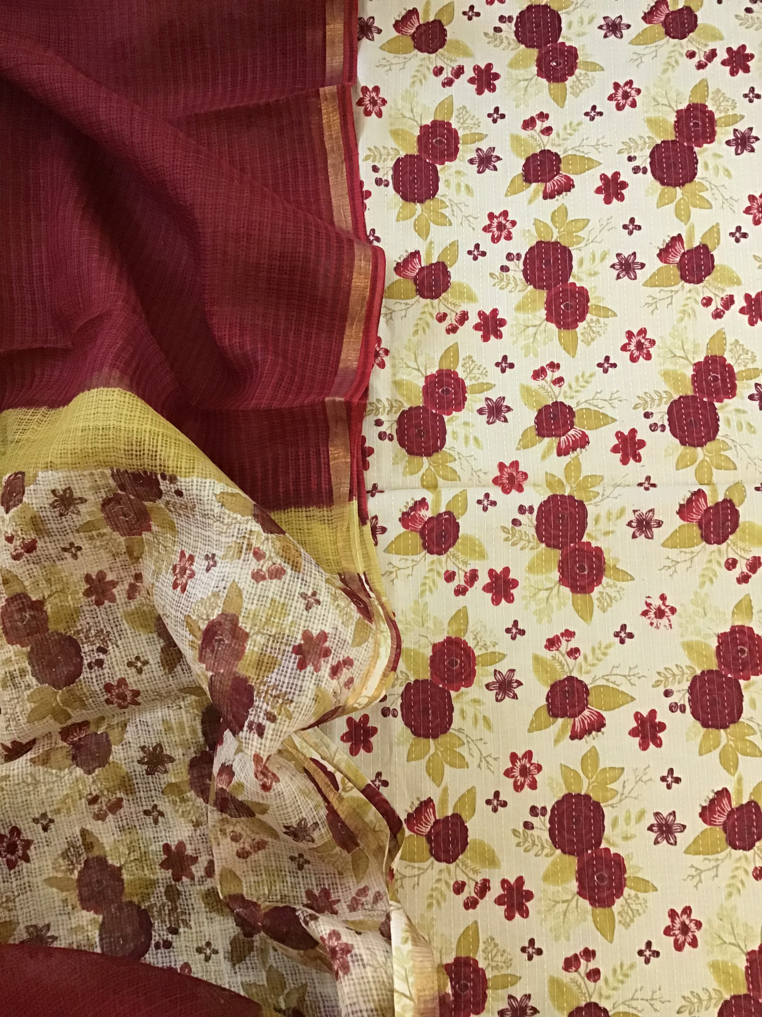 Pure Cotton Printed Embroidered Suit - CreamMaroon