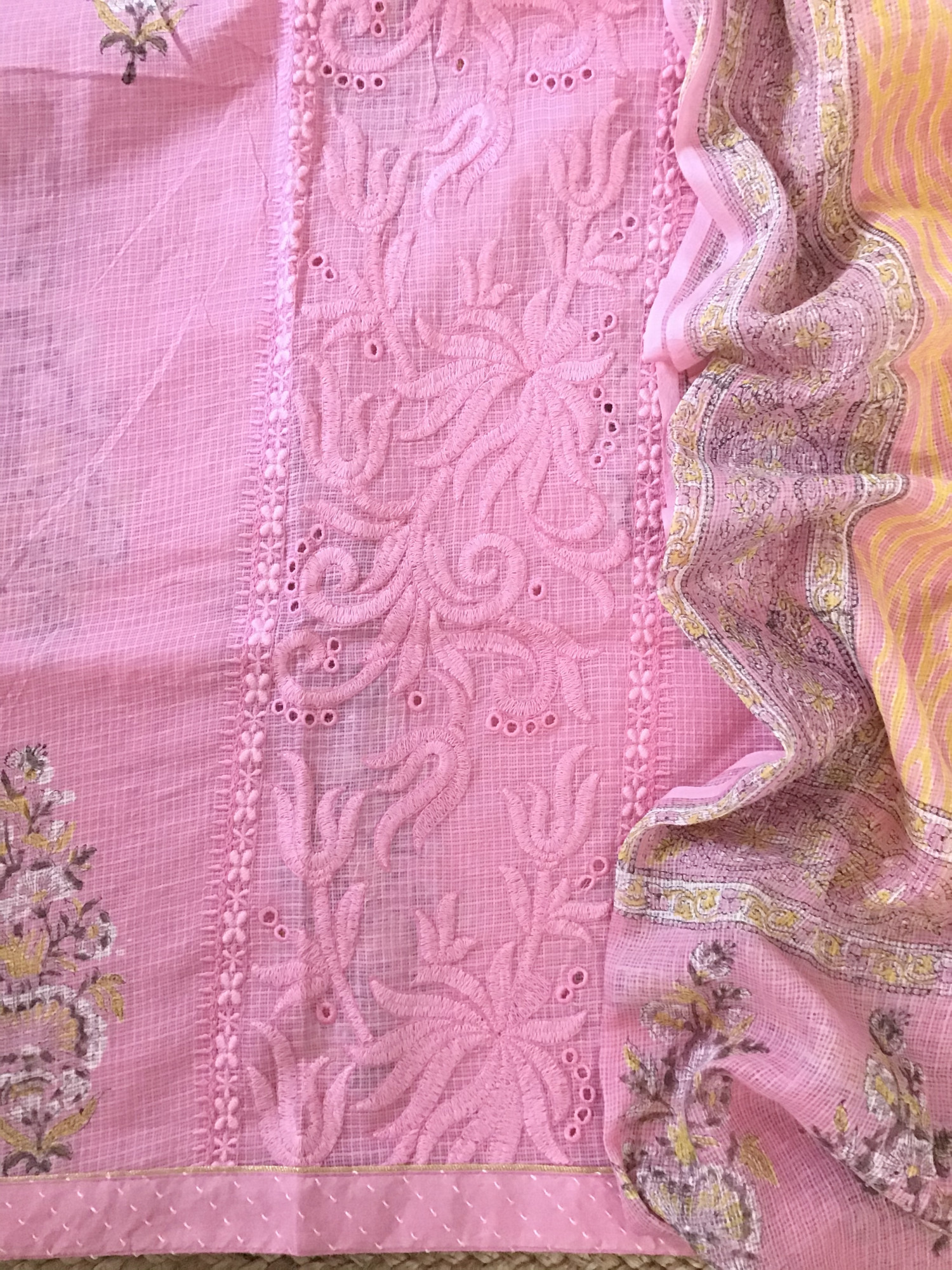 Pure Kota Cotton Printed Embroidered Suit - Pink