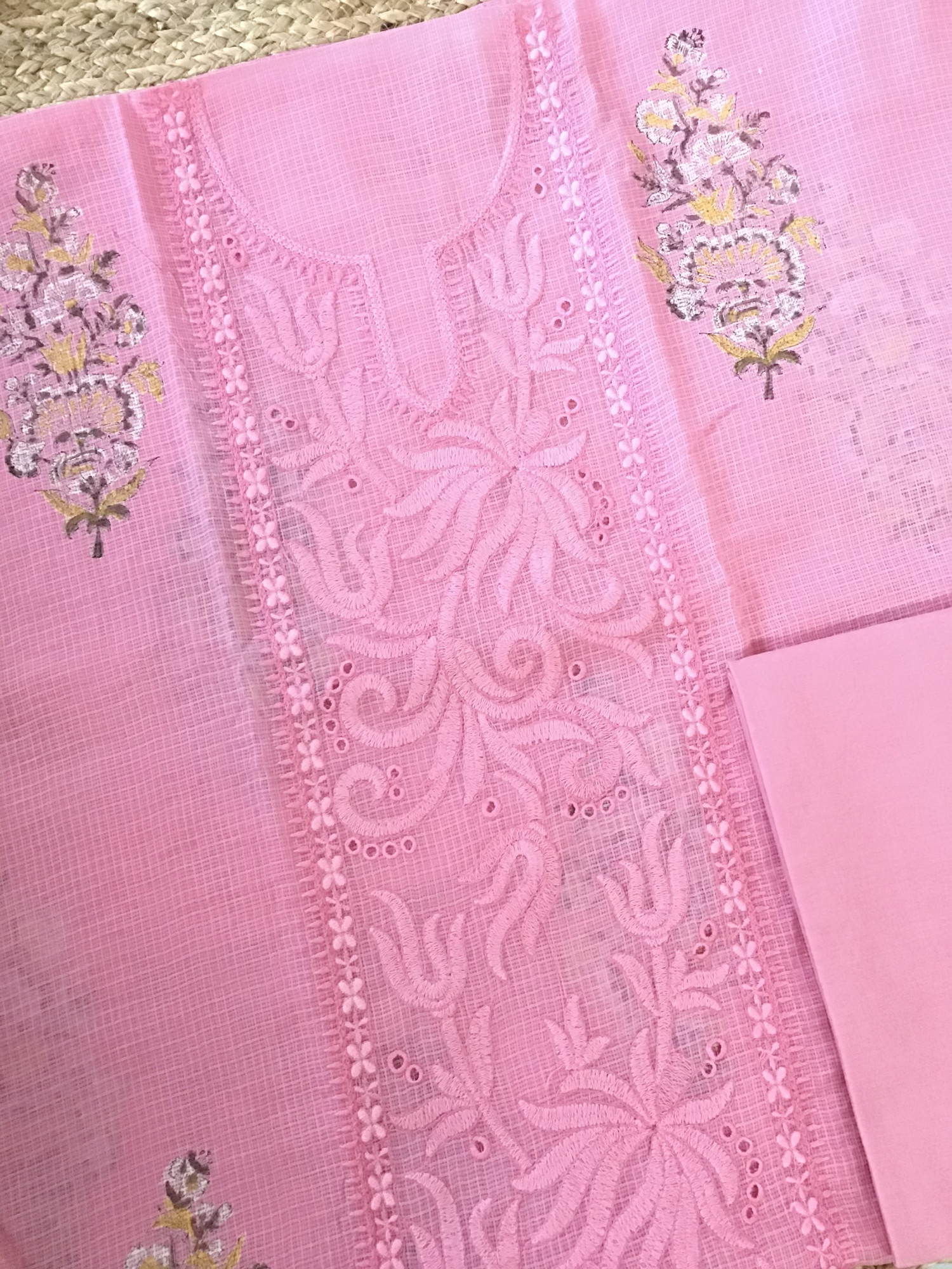Pure Kota Cotton Printed Embroidered Suit - Pink