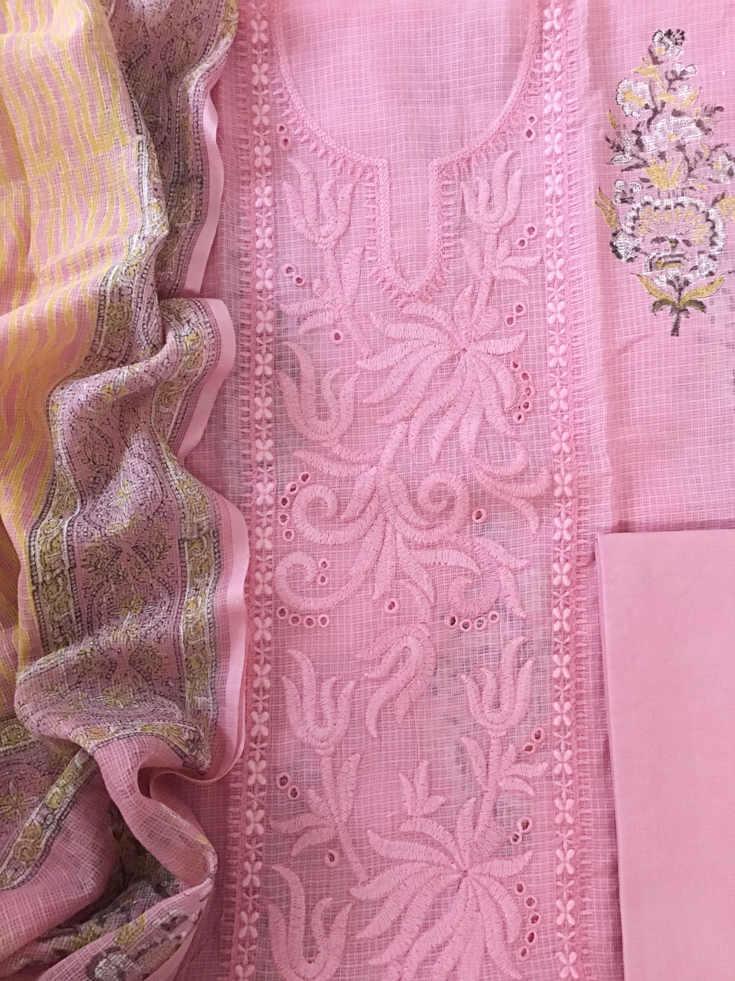 Pure Kota Cotton Printed Embroidered Suit - Pink