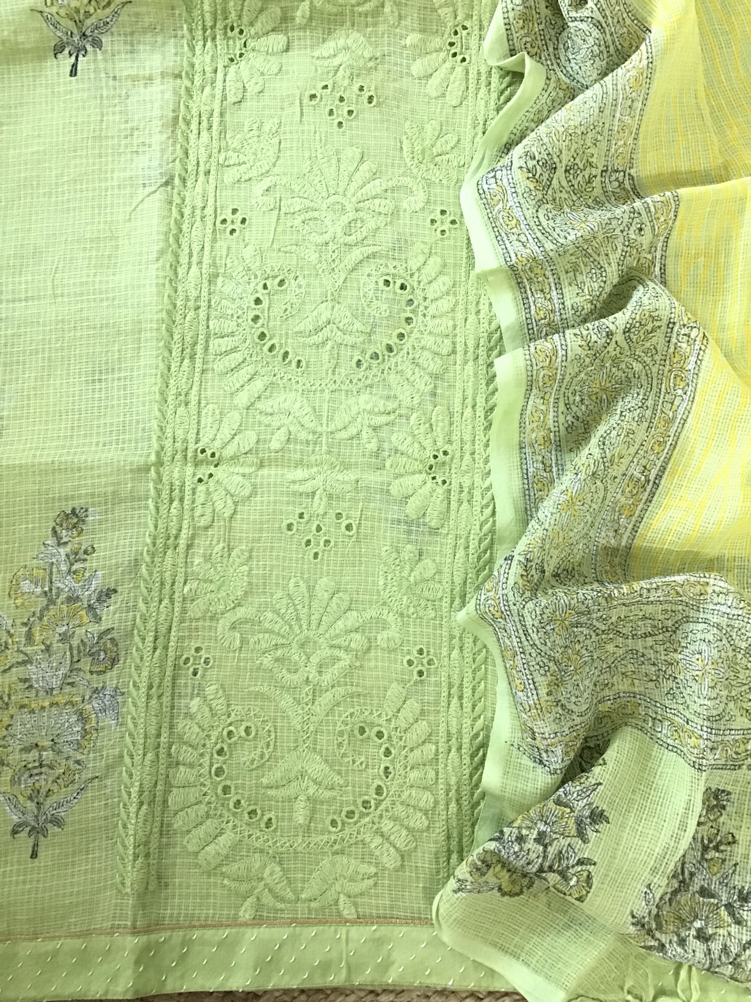 Pure Kota Cotton Printed Embroidered Suit - Green