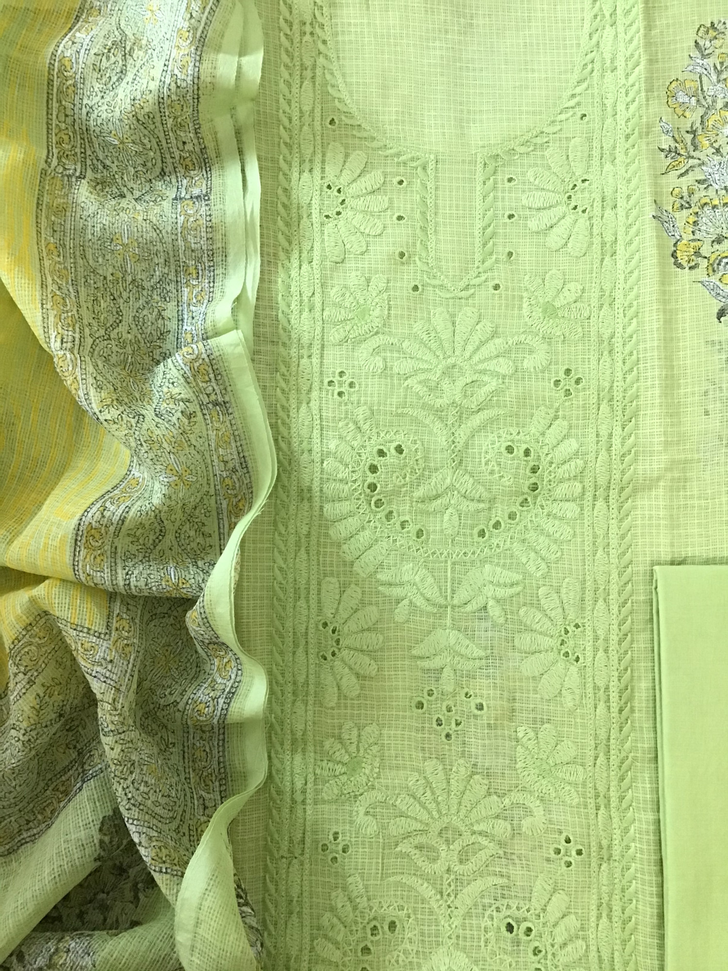 Pure Kota Cotton Printed Embroidered Suit - Green