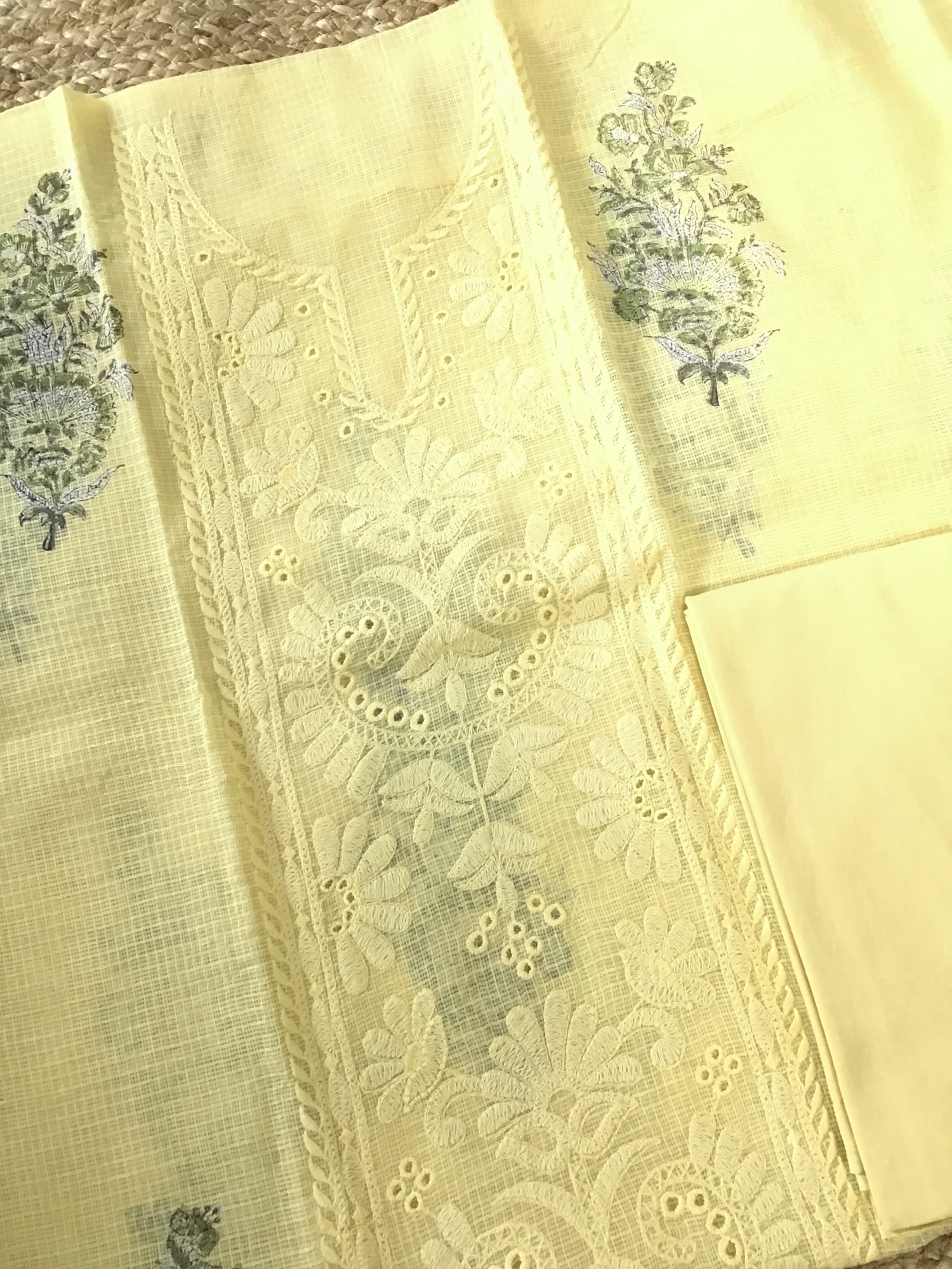 Pure Kota Cotton Printed Embroidered Suit - Yellow
