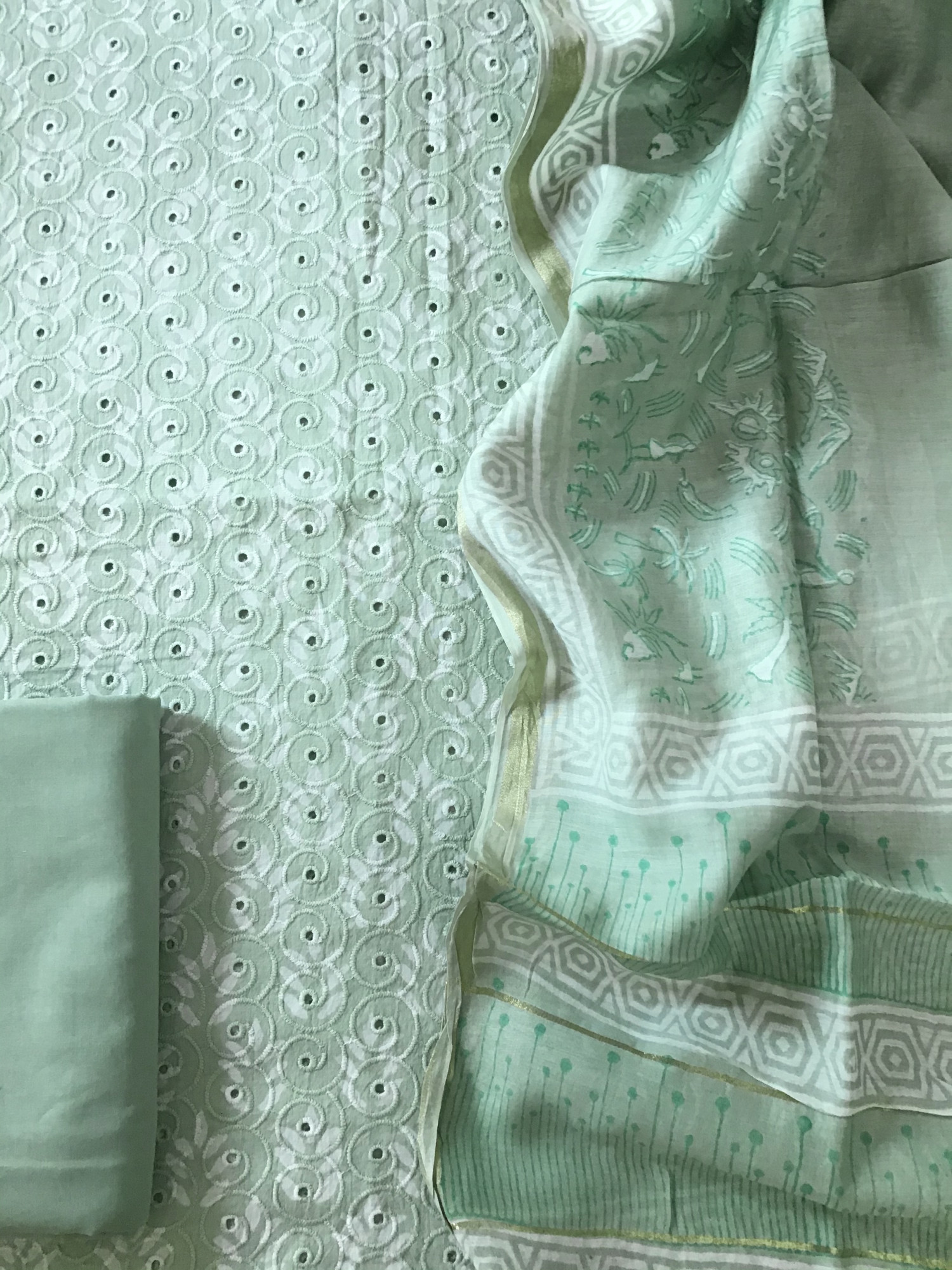 Pure Hakoba Cotton Printed Embroidered Suit - Green