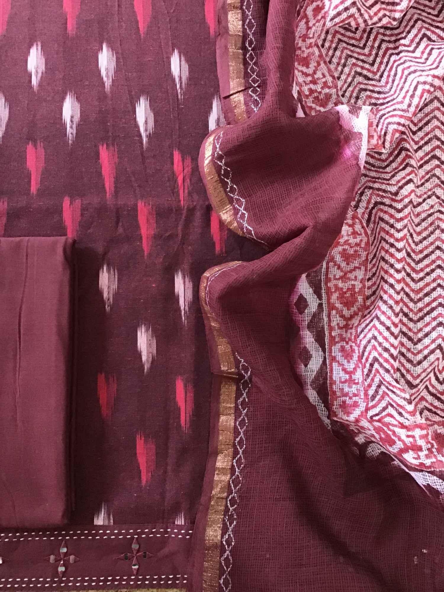 Pure Ikkat Cotton Embroidered Suit - Maroon