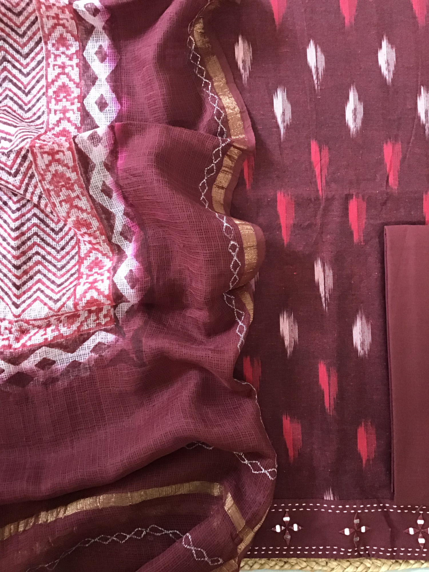 Pure Ikkat Cotton Embroidered Suit - Maroon