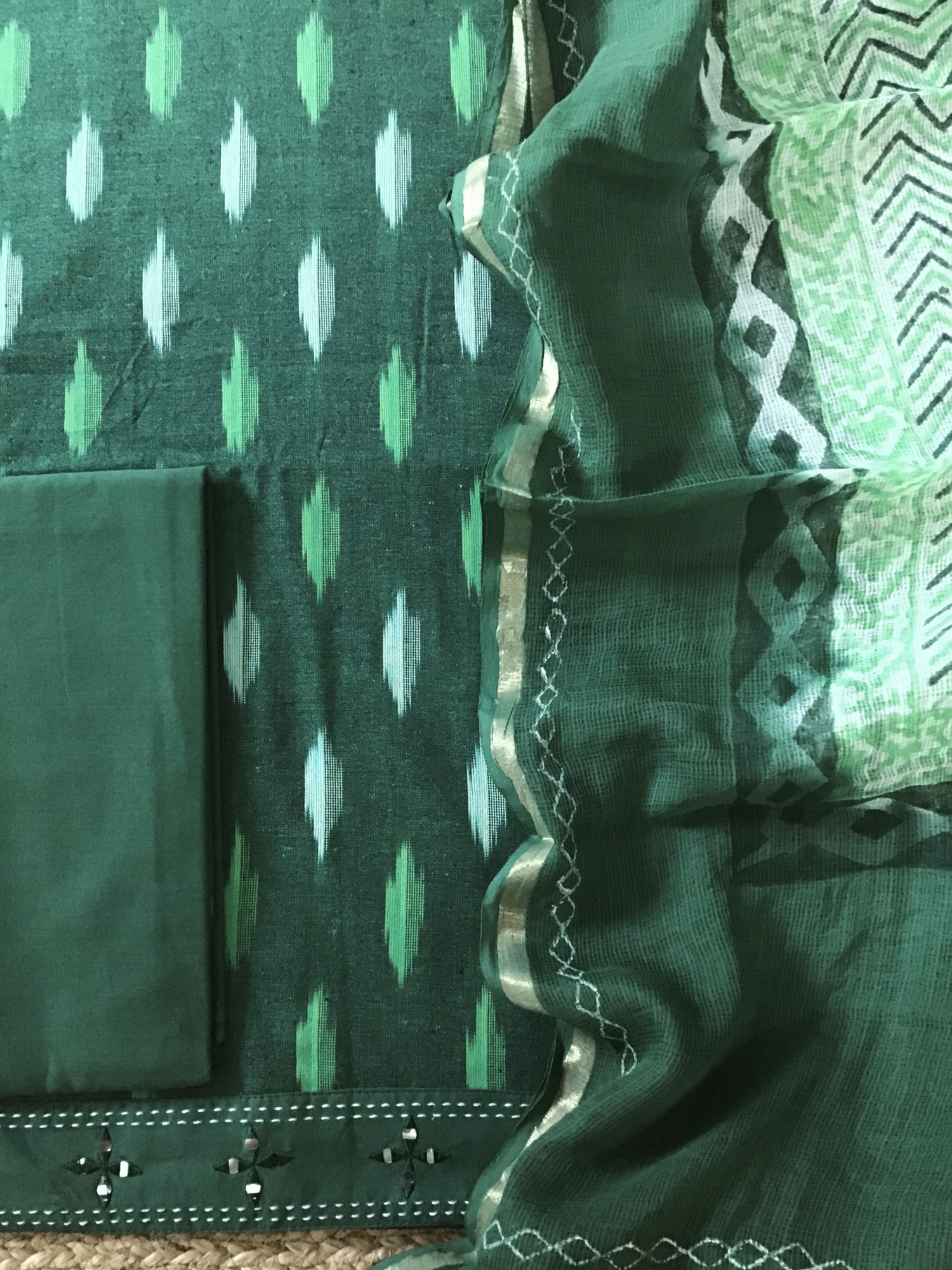 Pure Ikkat Cotton Embroidered Suit - Green