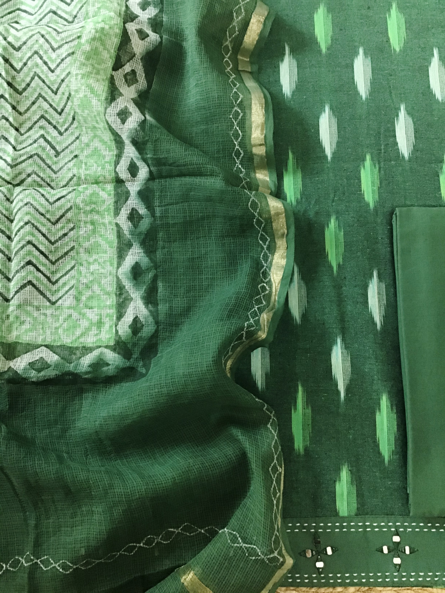 Pure Ikkat Cotton Embroidered Suit - Green