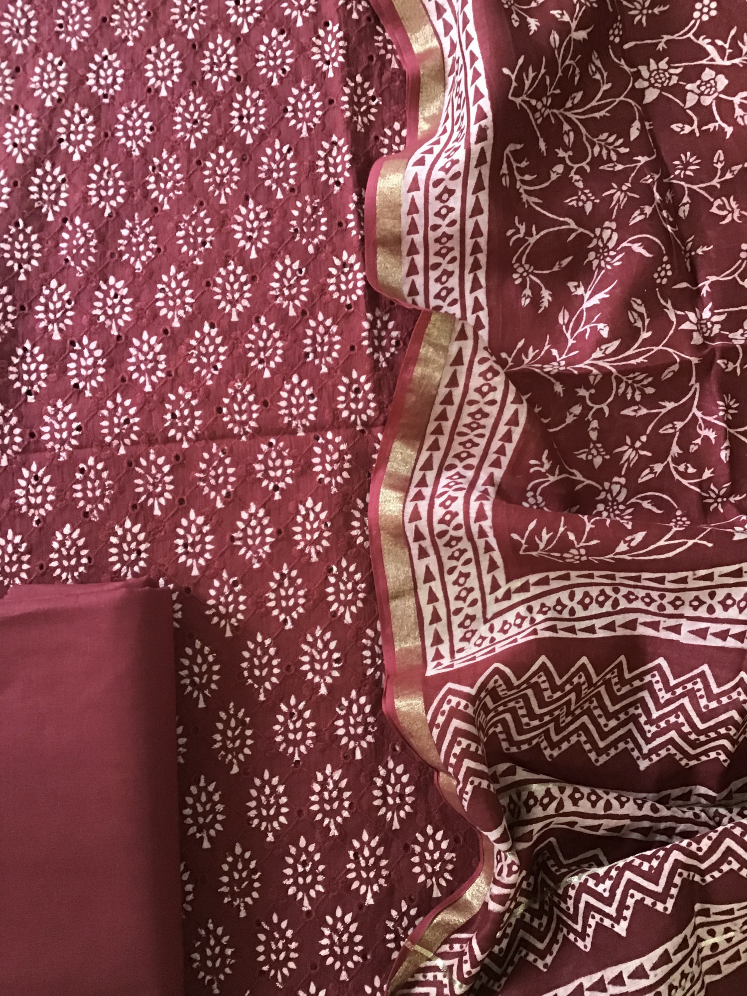 Pure Cotton Printed Embroidered Suit - Maroon