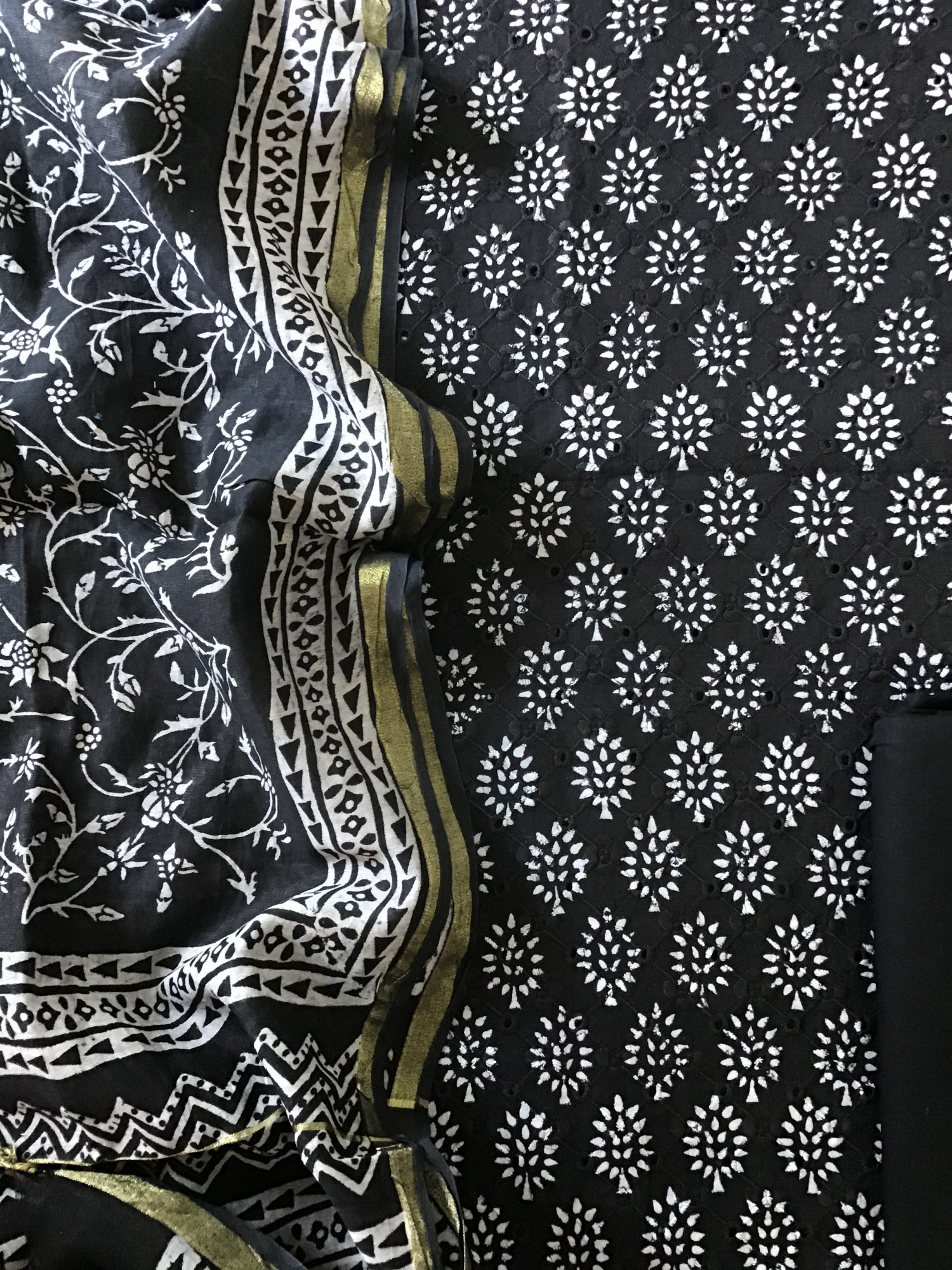 Pure Cotton Printed Embroidered Suit - Black