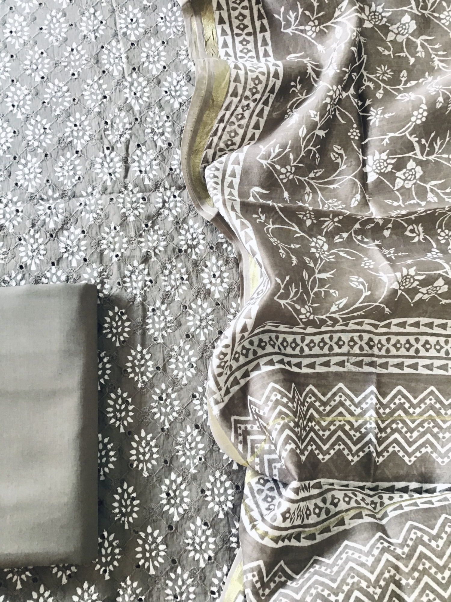 Pure Cotton Printed Embroidered Suit - Grey