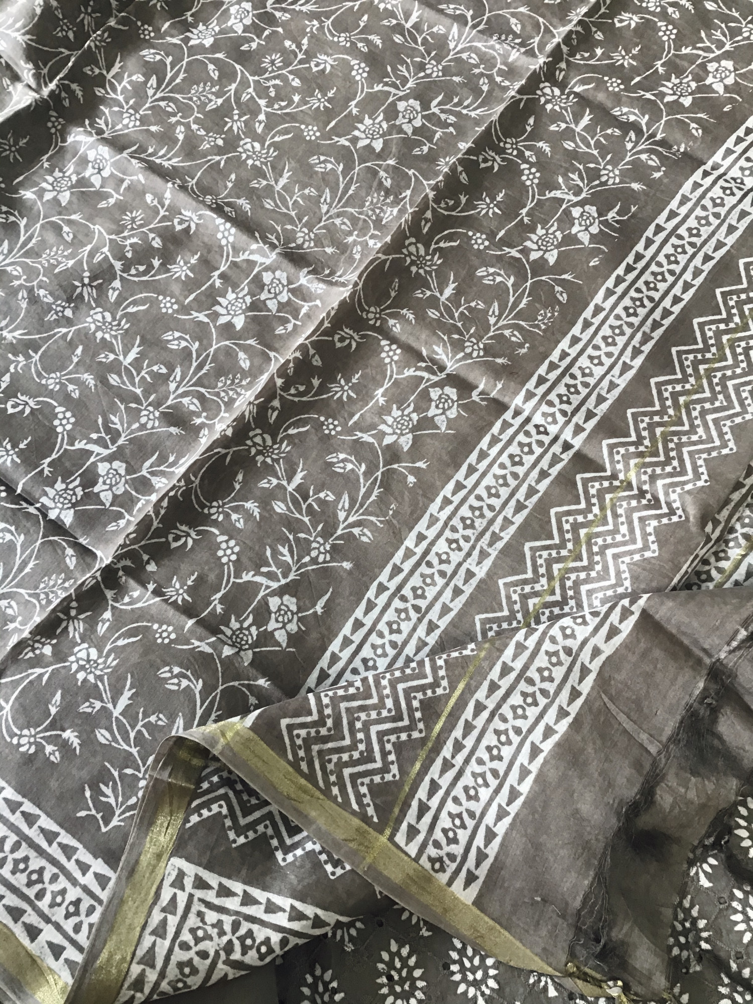 Pure Cotton Printed Embroidered Suit - Grey