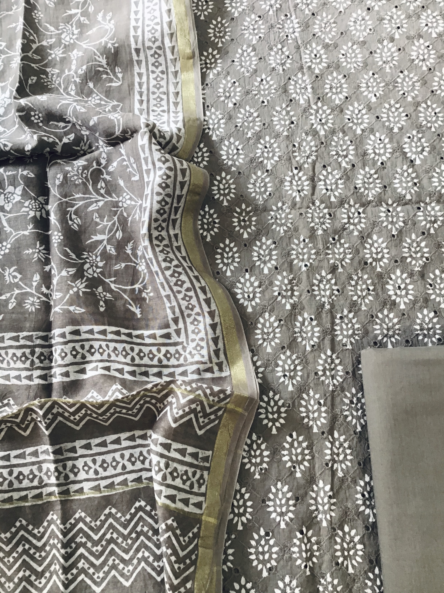 Pure Cotton Printed Embroidered Suit - Grey