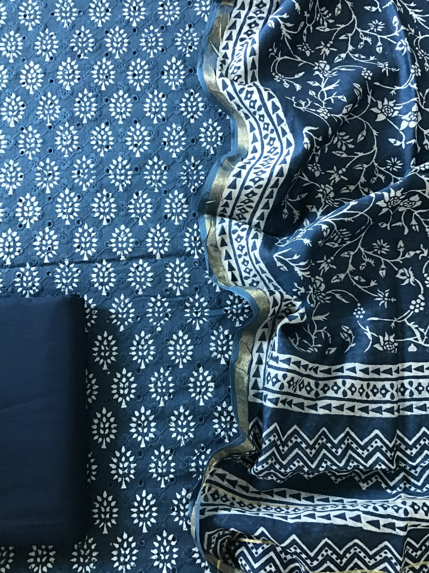 Pure Cotton Printed Embroidered Suit - Blue