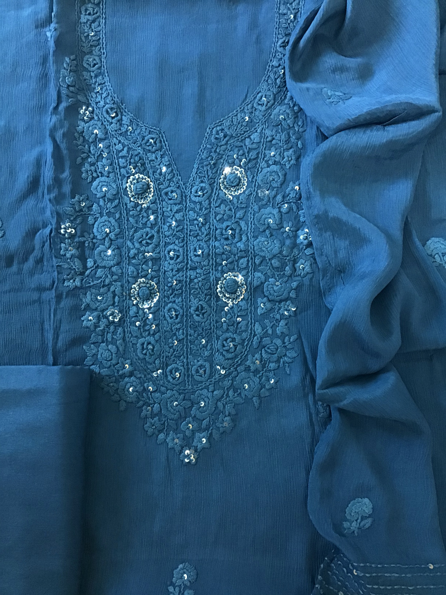Pure Chinnon Embroidered Suit - Blue