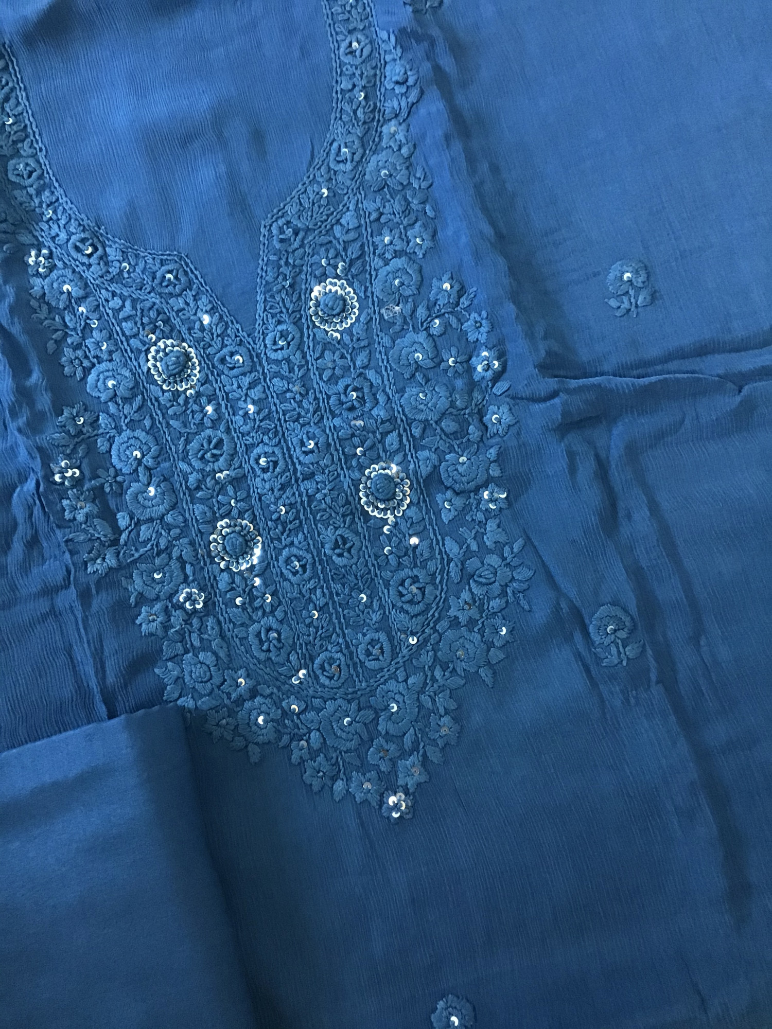 Pure Chinnon Embroidered Suit - Blue