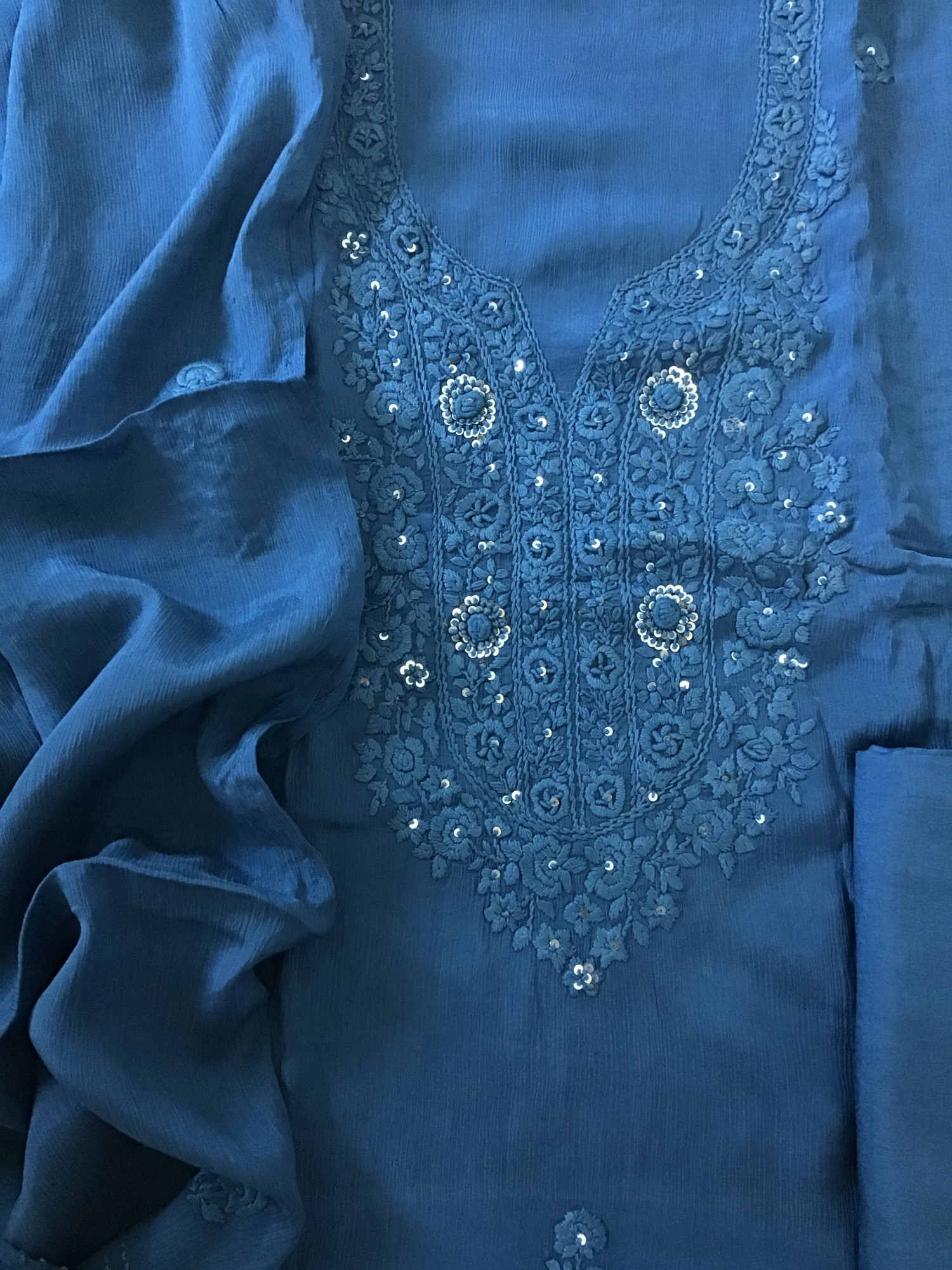 Pure Chinnon Embroidered Suit - Blue