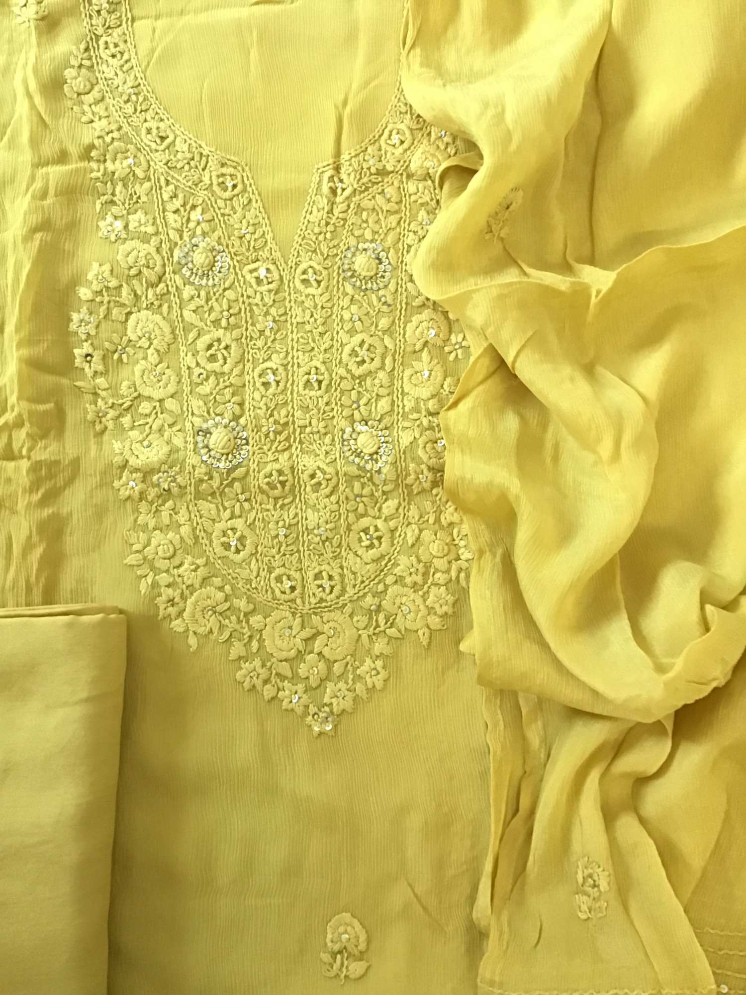 Pure Chinnon Embroidered Suit - Yellow