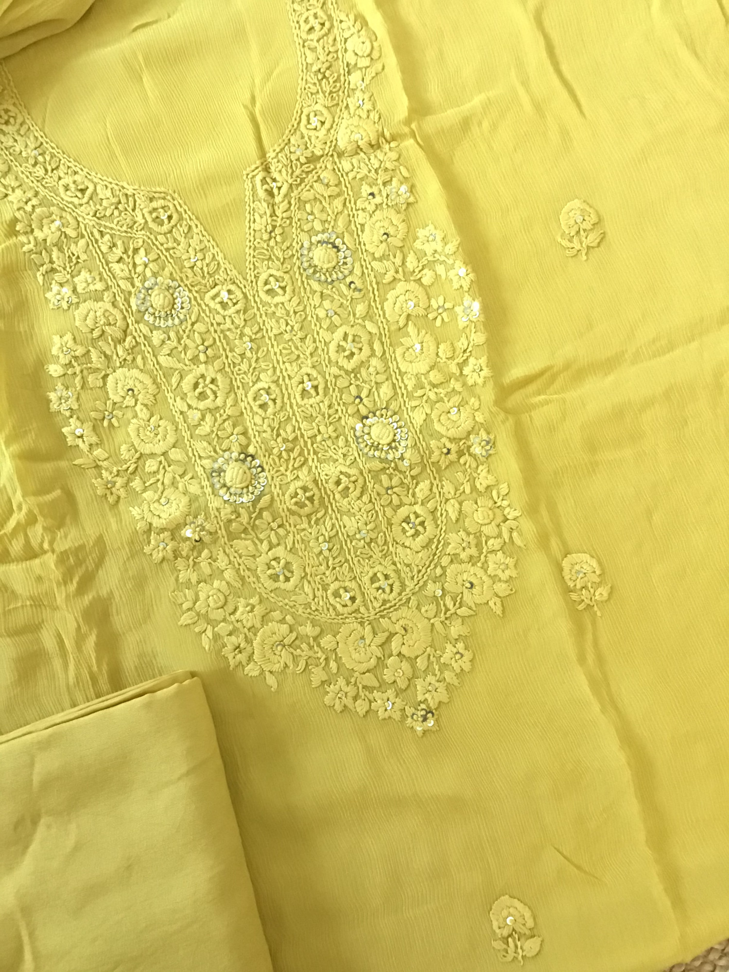 Pure Chinnon Embroidered Suit - Yellow