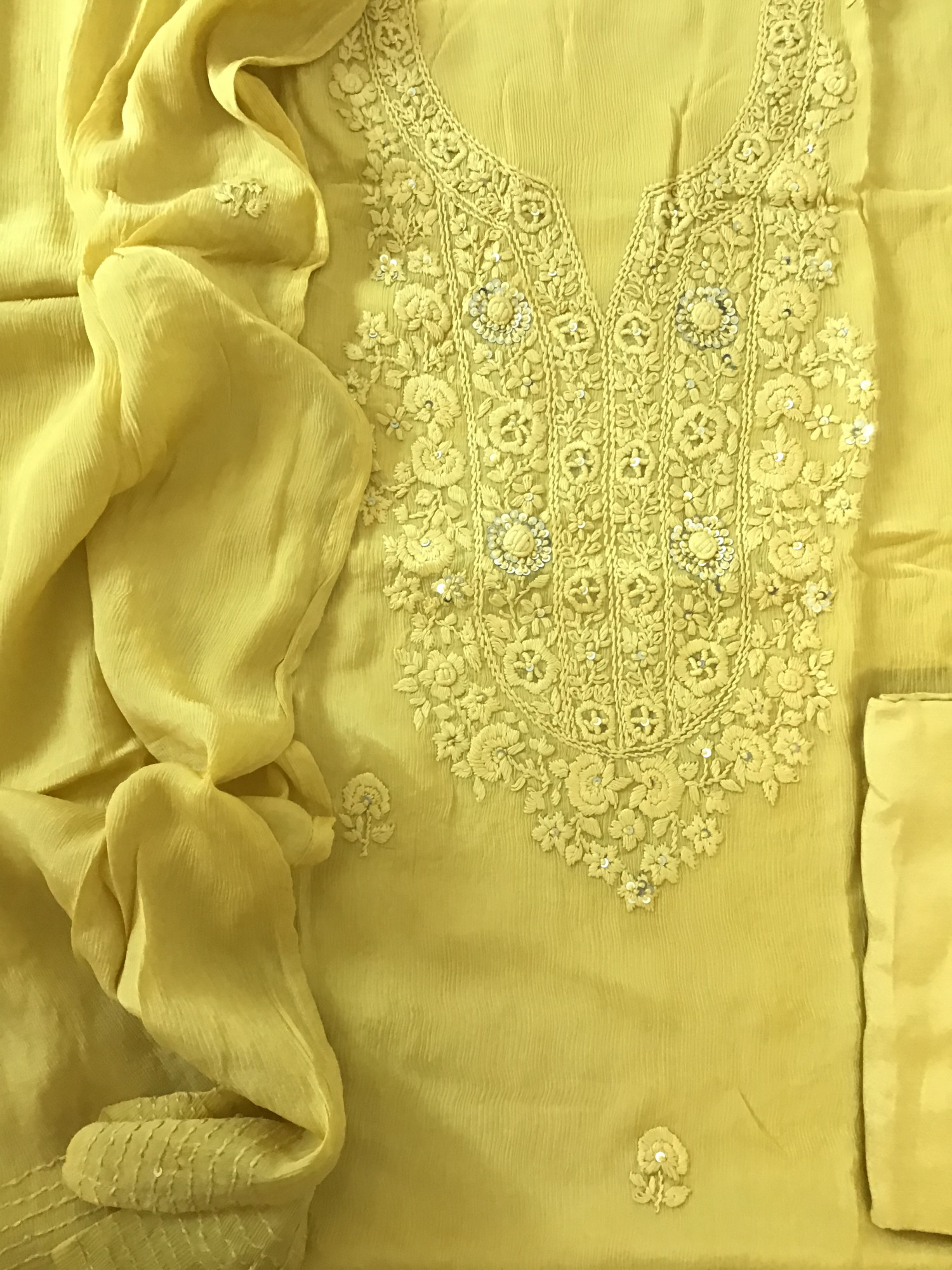 Pure Chinnon Embroidered Suit - Yellow