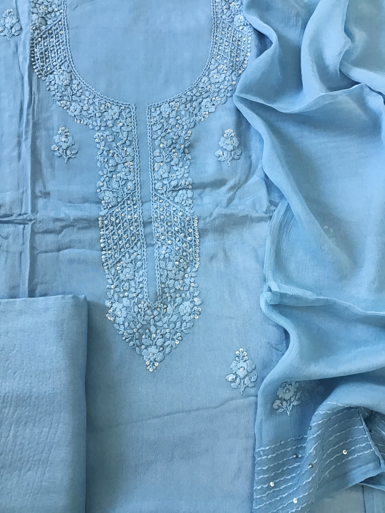 Pure Chinnon Embroidered Suit - Blue