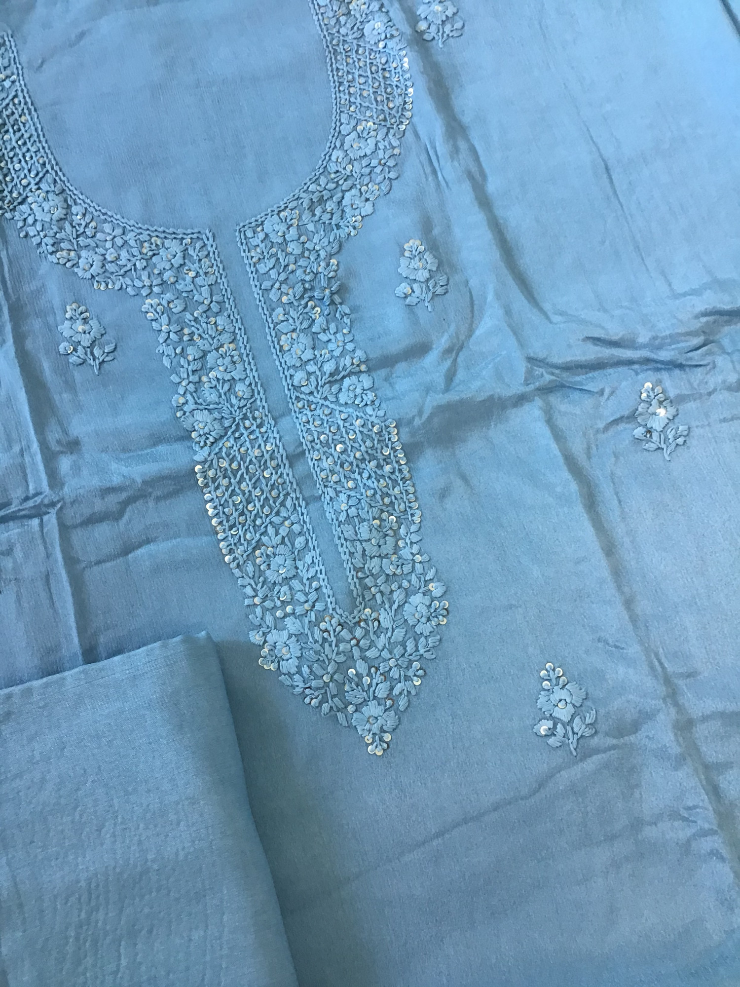 Pure Chinnon Embroidered Suit - Blue