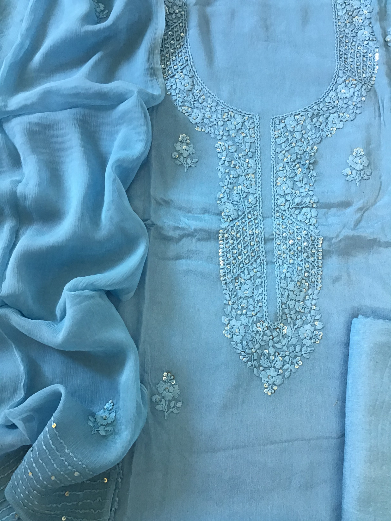 Pure Chinnon Embroidered Suit - Blue