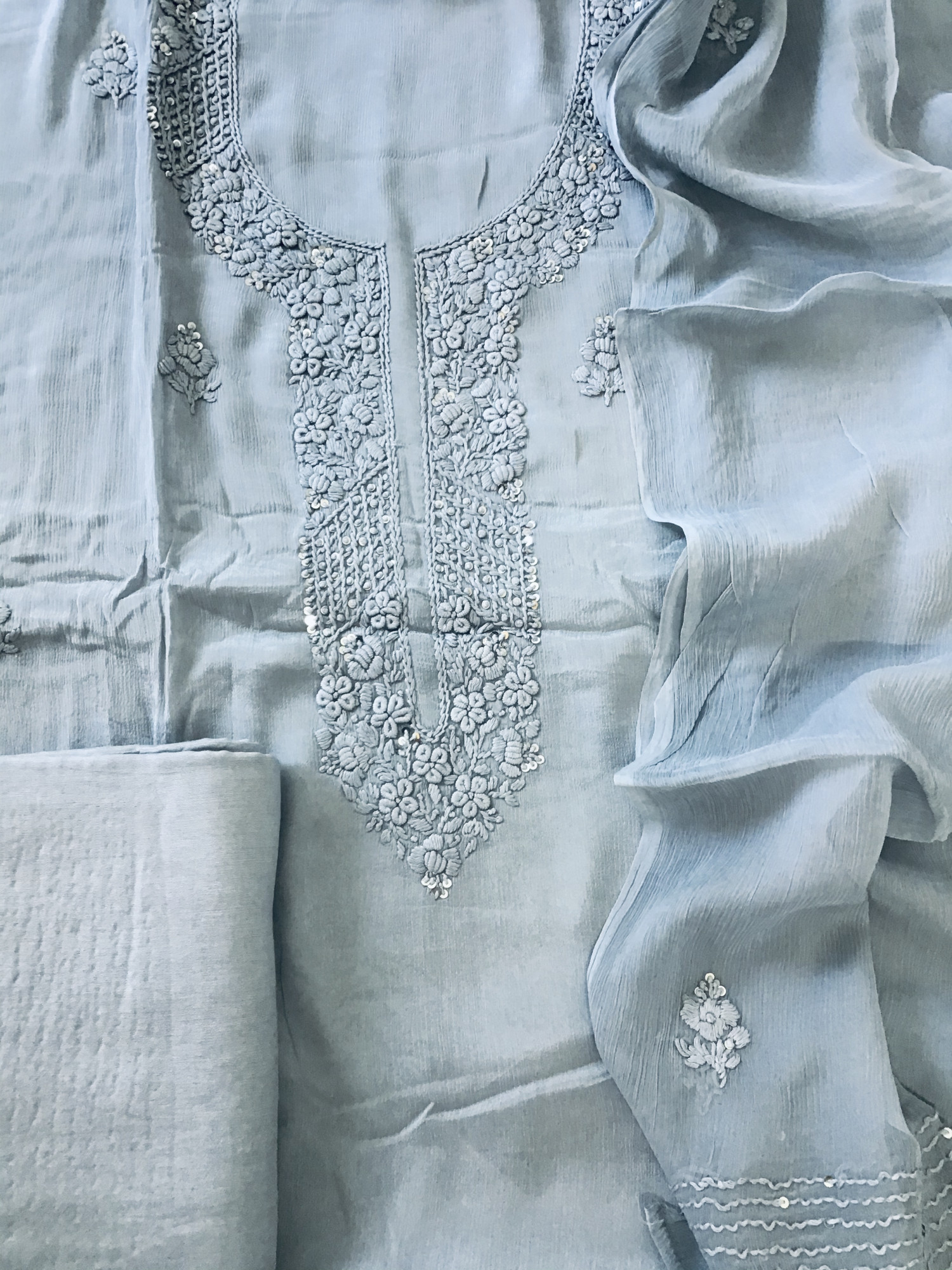 Pure Chinnon Embroidered Suit - Grey
