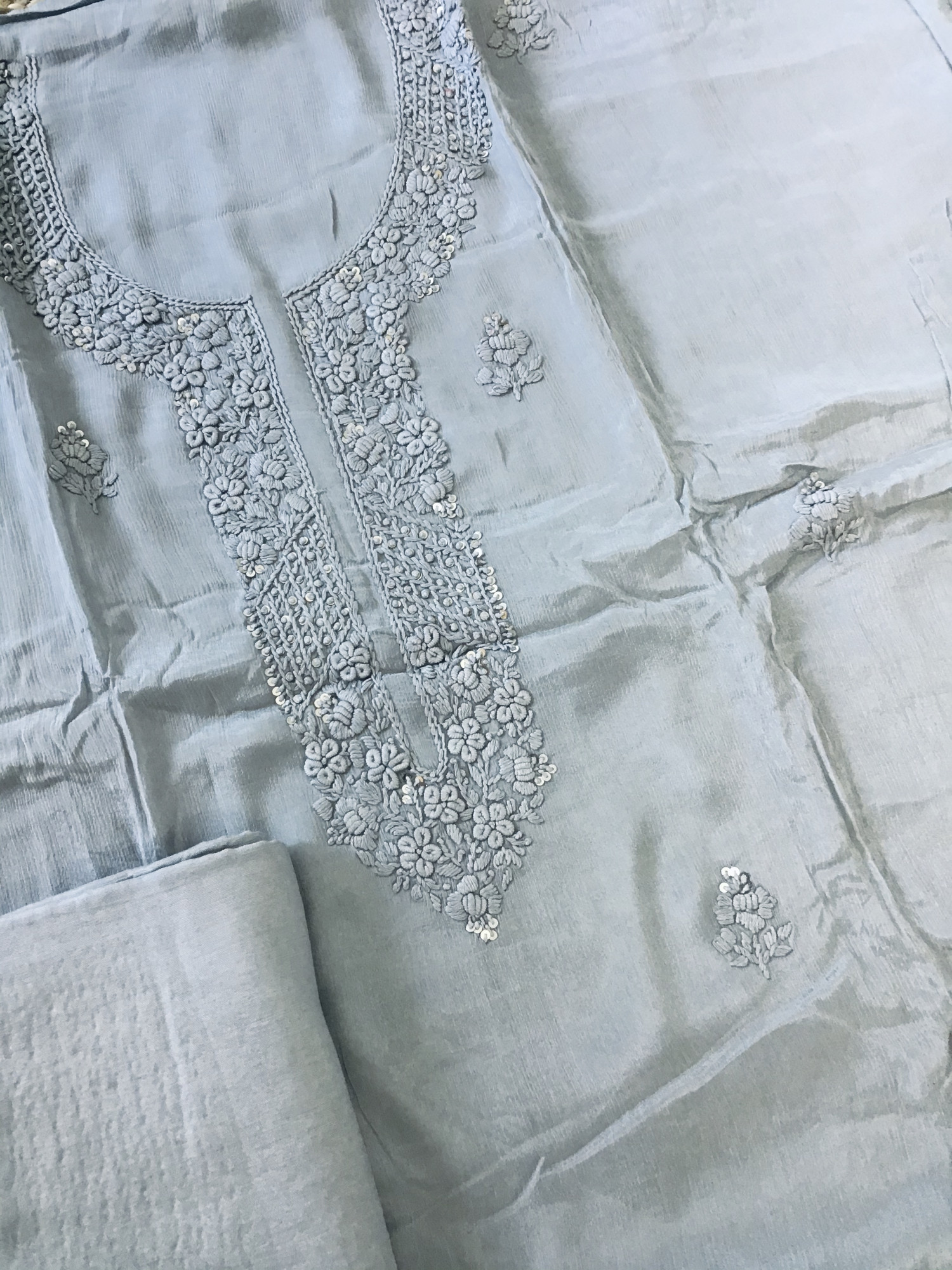 Pure Chinnon Embroidered Suit - Grey