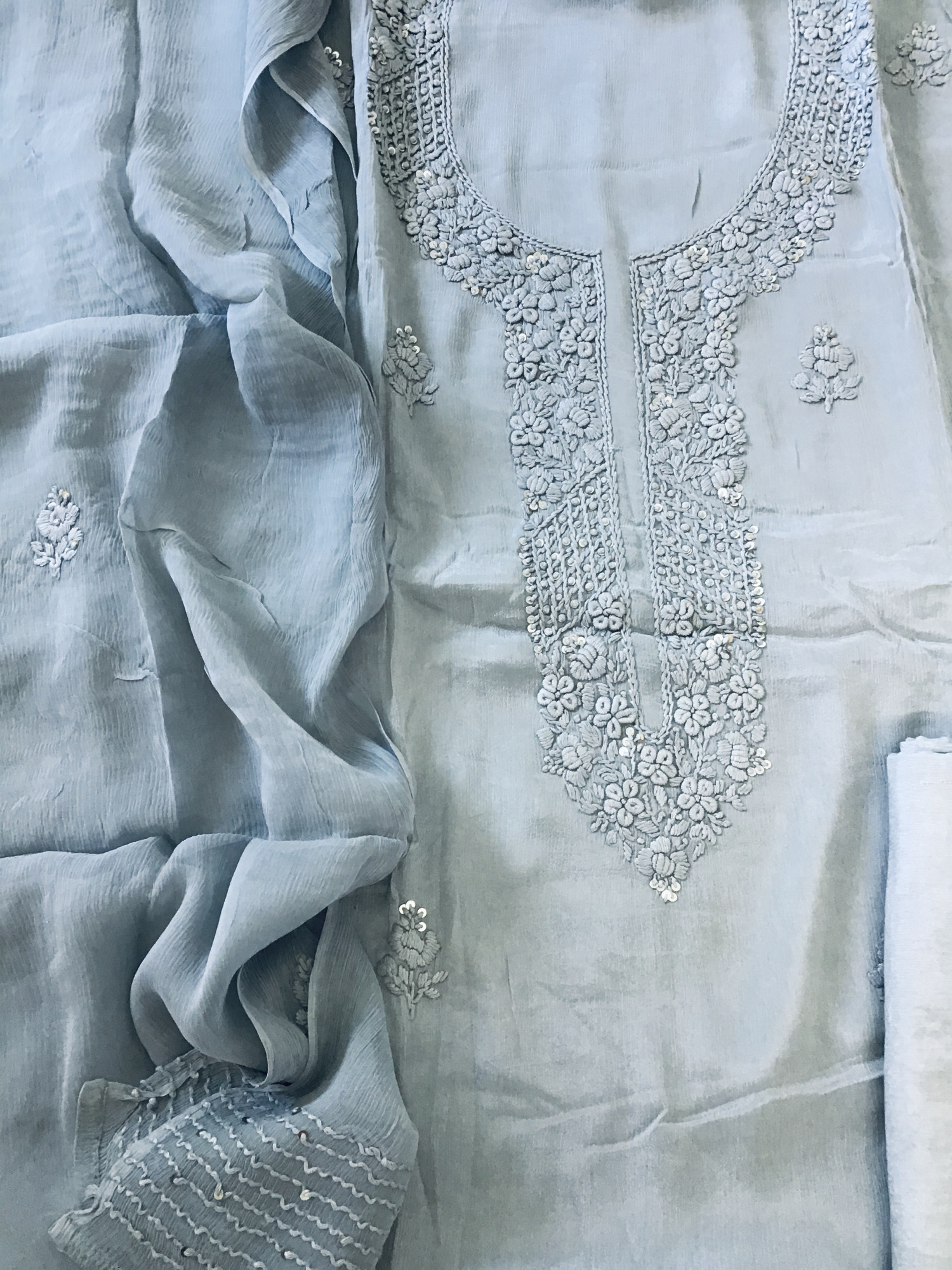 Pure Chinnon Embroidered Suit - Grey