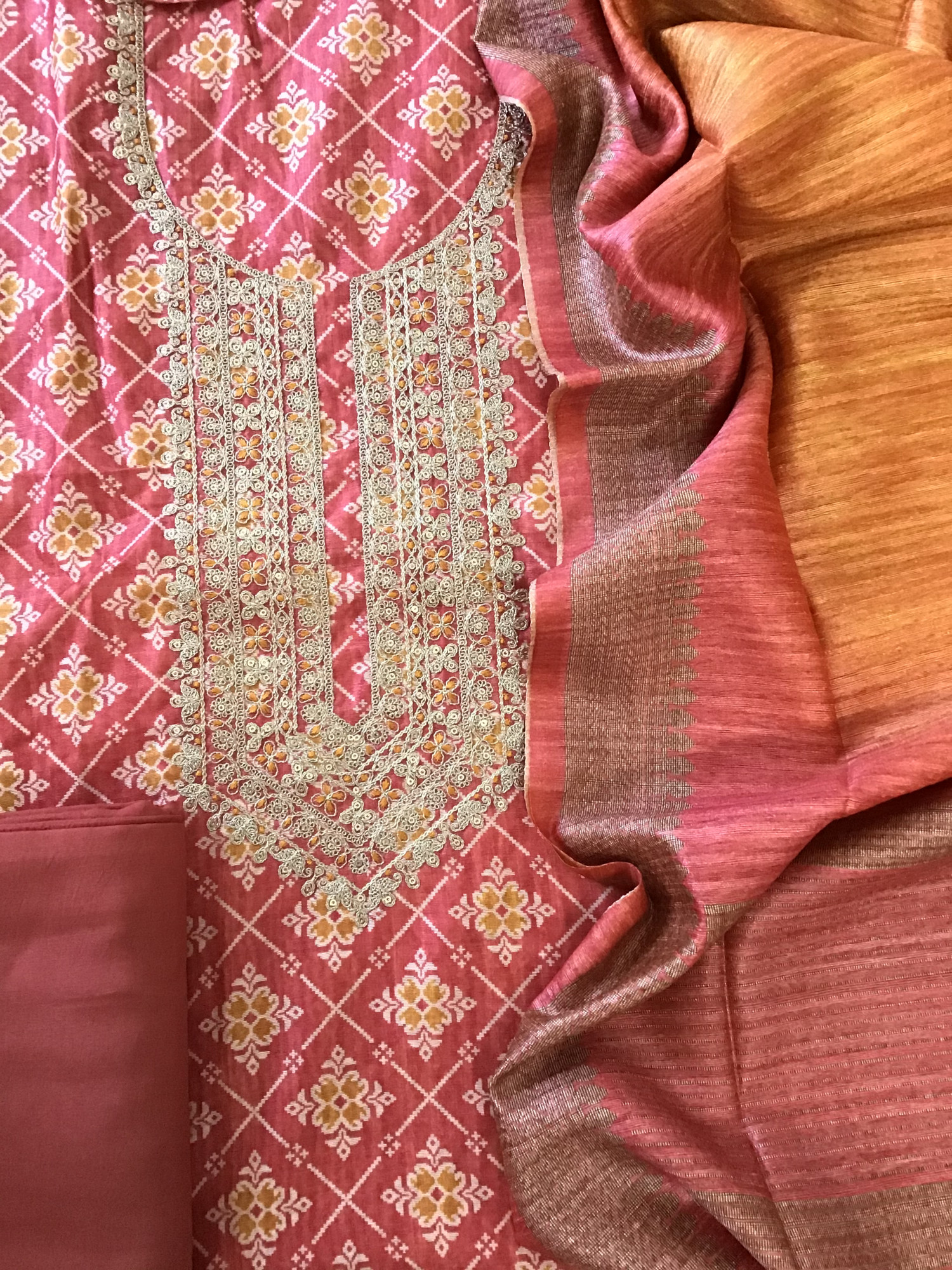 Soft Raw Silk Printed Embroidered Suit - Red