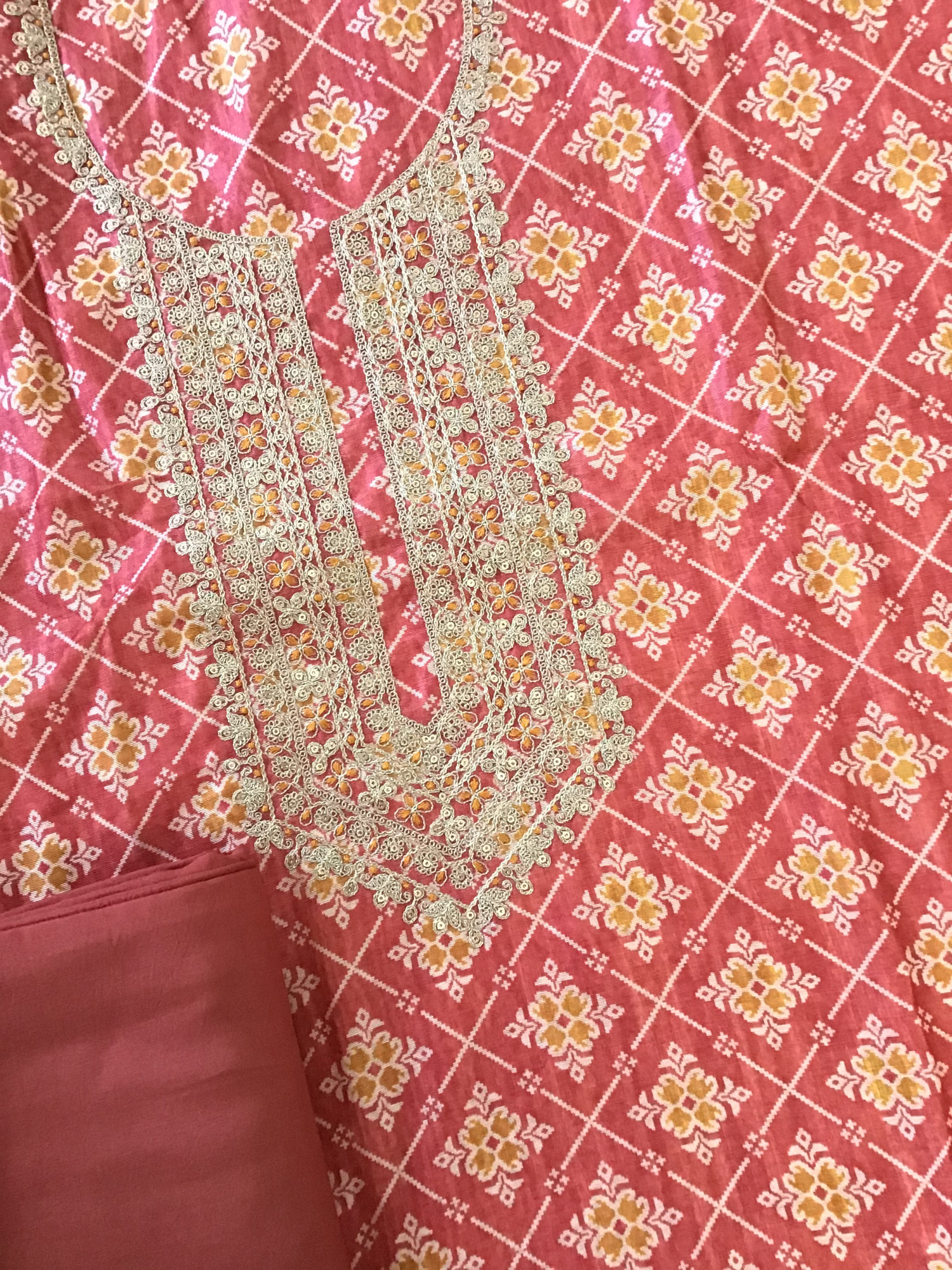 Soft Raw Silk Printed Embroidered Suit - Red