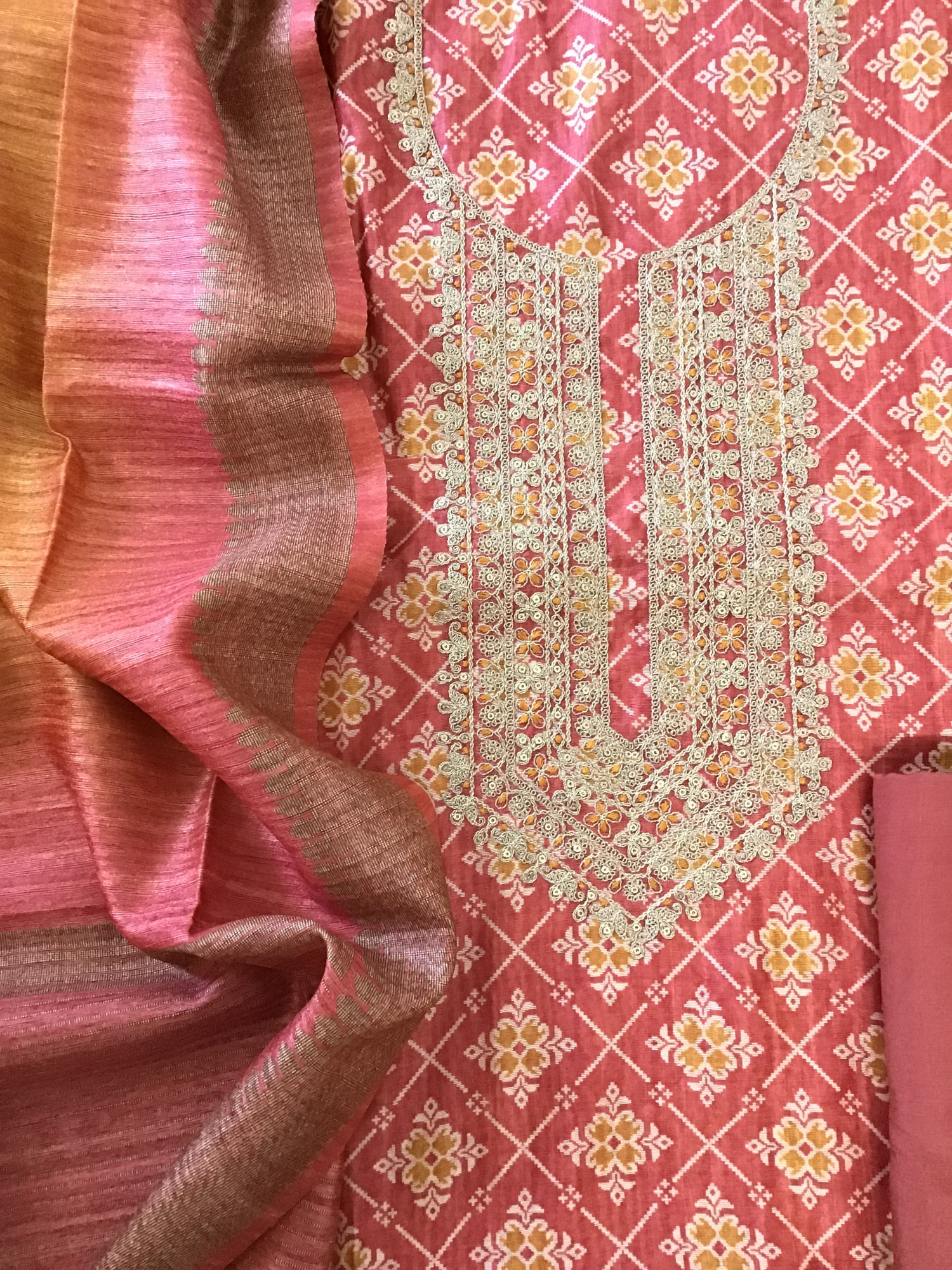 Soft Raw Silk Printed Embroidered Suit - Red