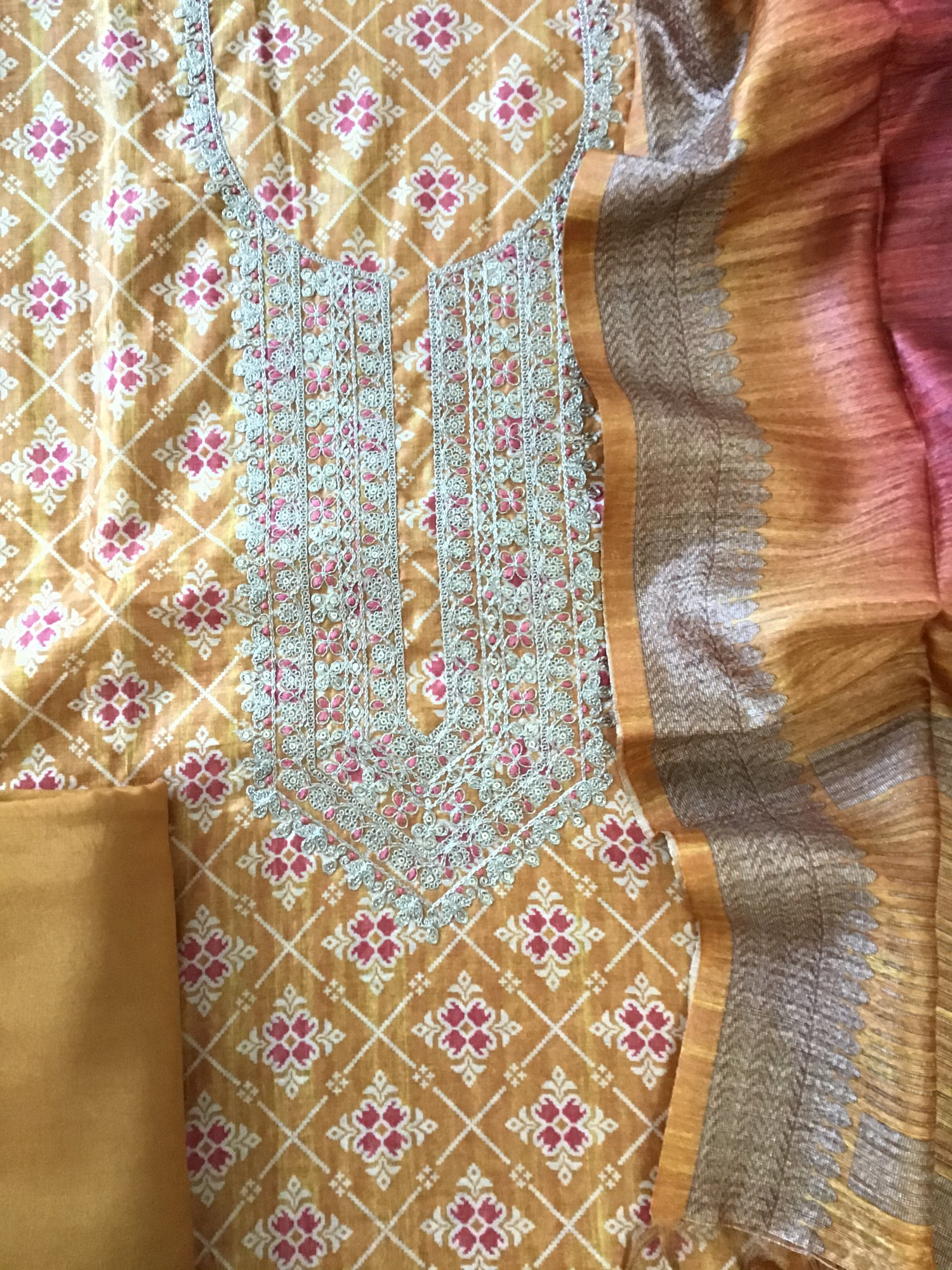 Soft Raw Silk Printed Embroidered Suit - Yellow