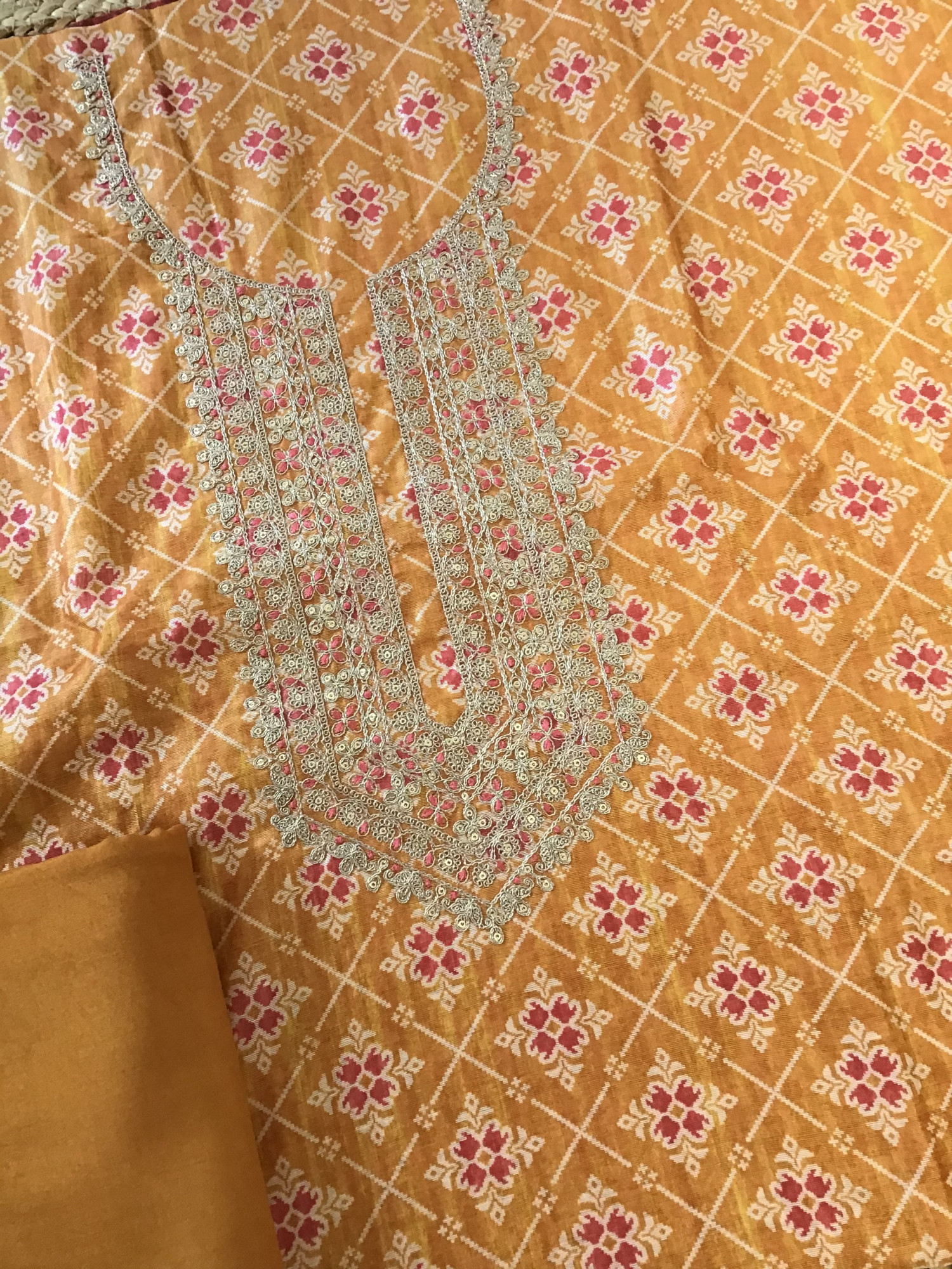 Soft Raw Silk Printed Embroidered Suit - Yellow