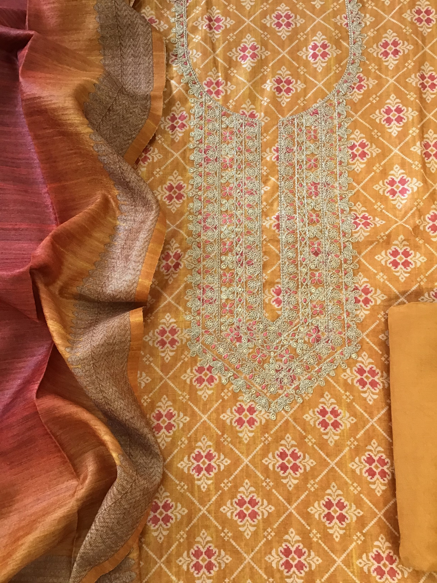 Soft Raw Silk Printed Embroidered Suit - Yellow