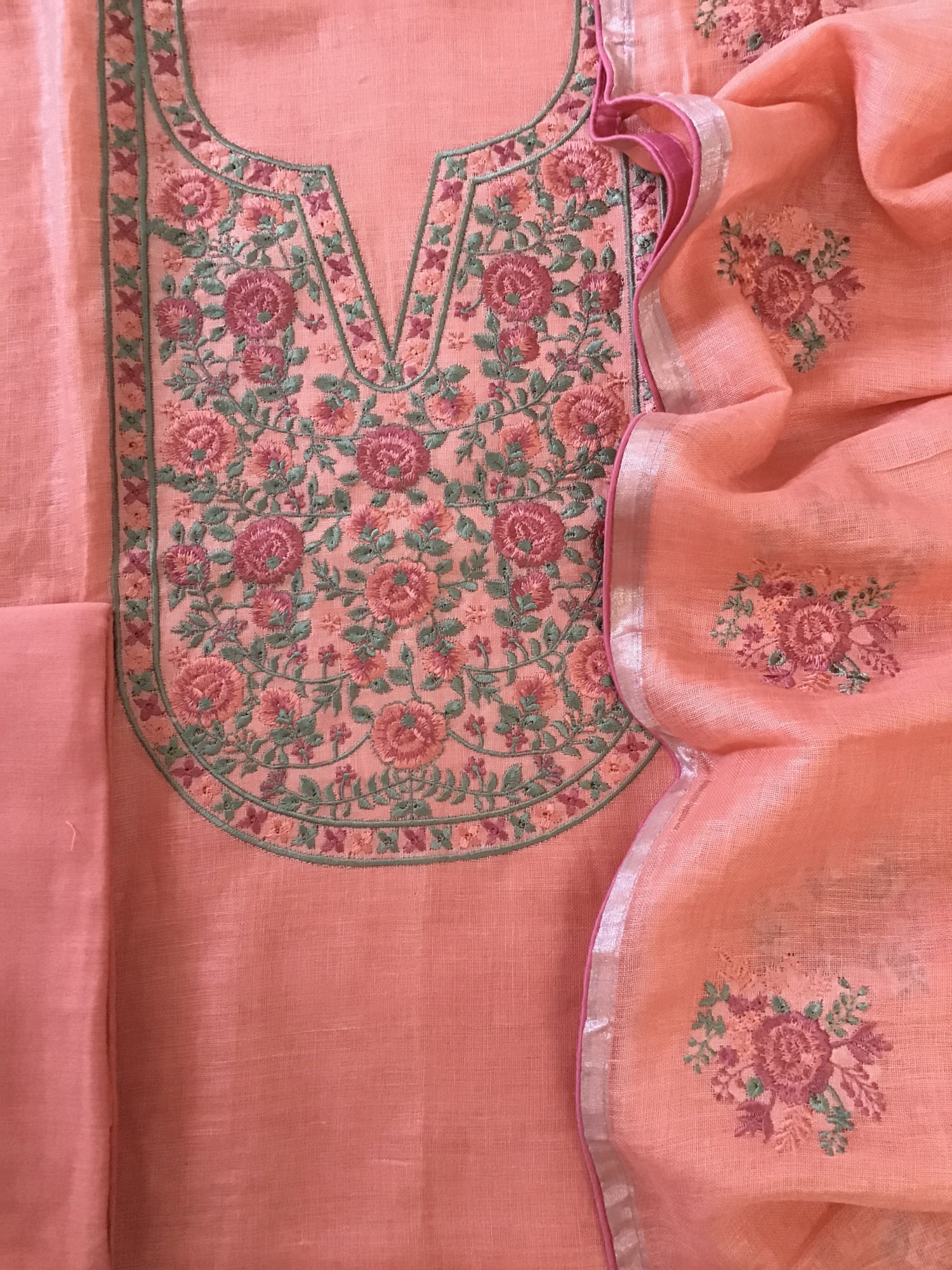 Pure Linen Jute Cotton Embroidered Suit - Peach