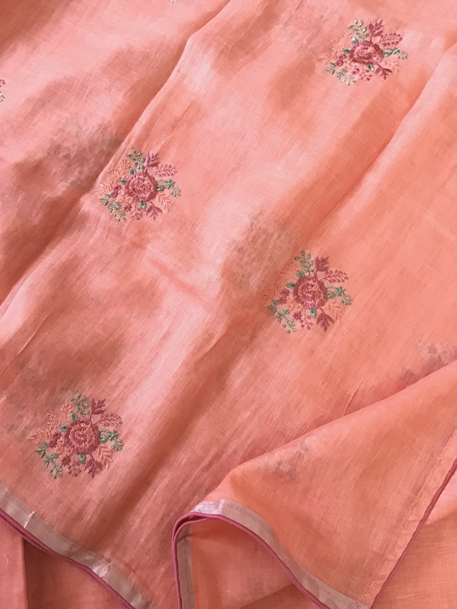 Pure Linen Jute Cotton Embroidered Suit - Peach
