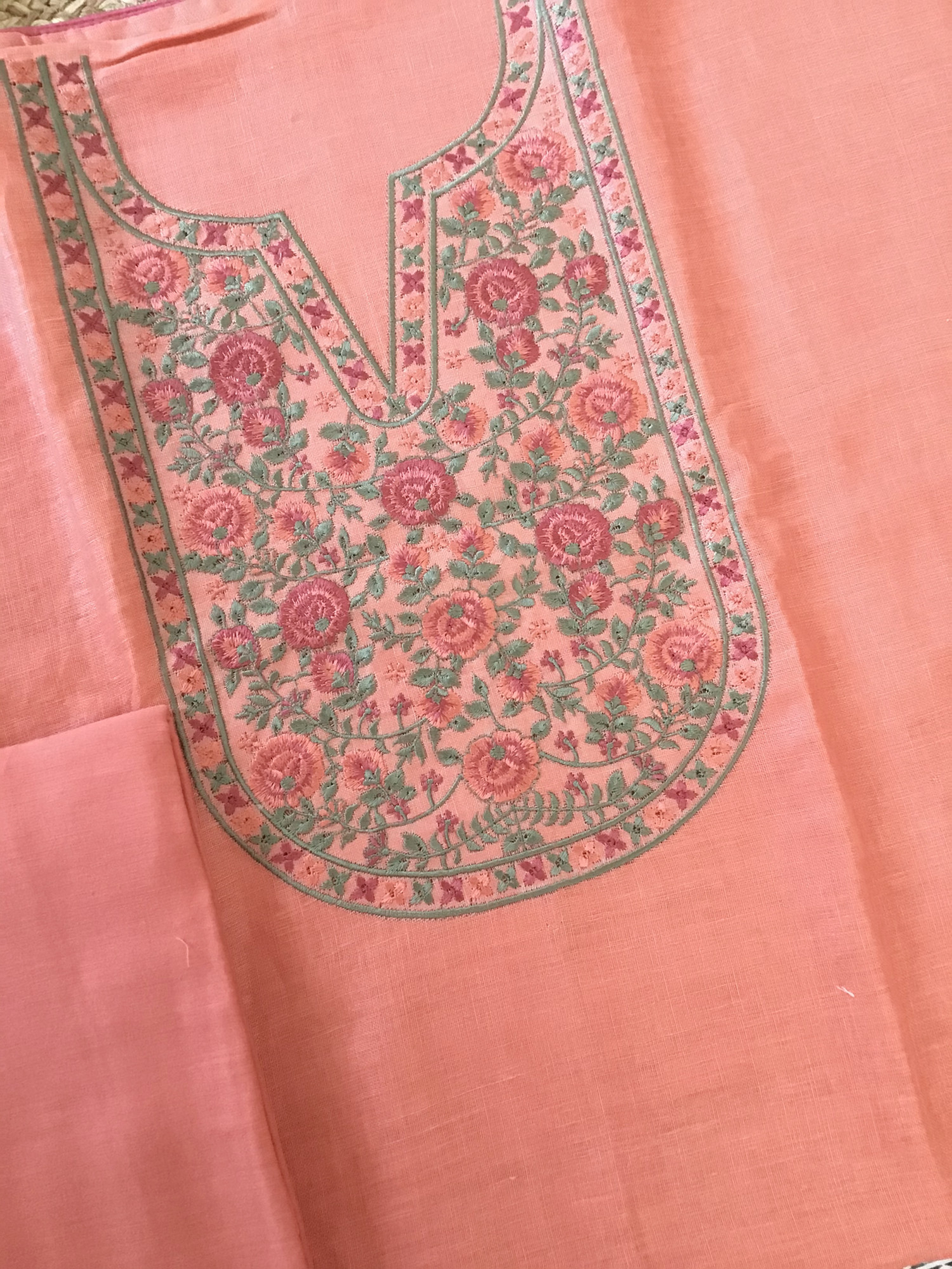 Pure Linen Jute Cotton Embroidered Suit - Peach