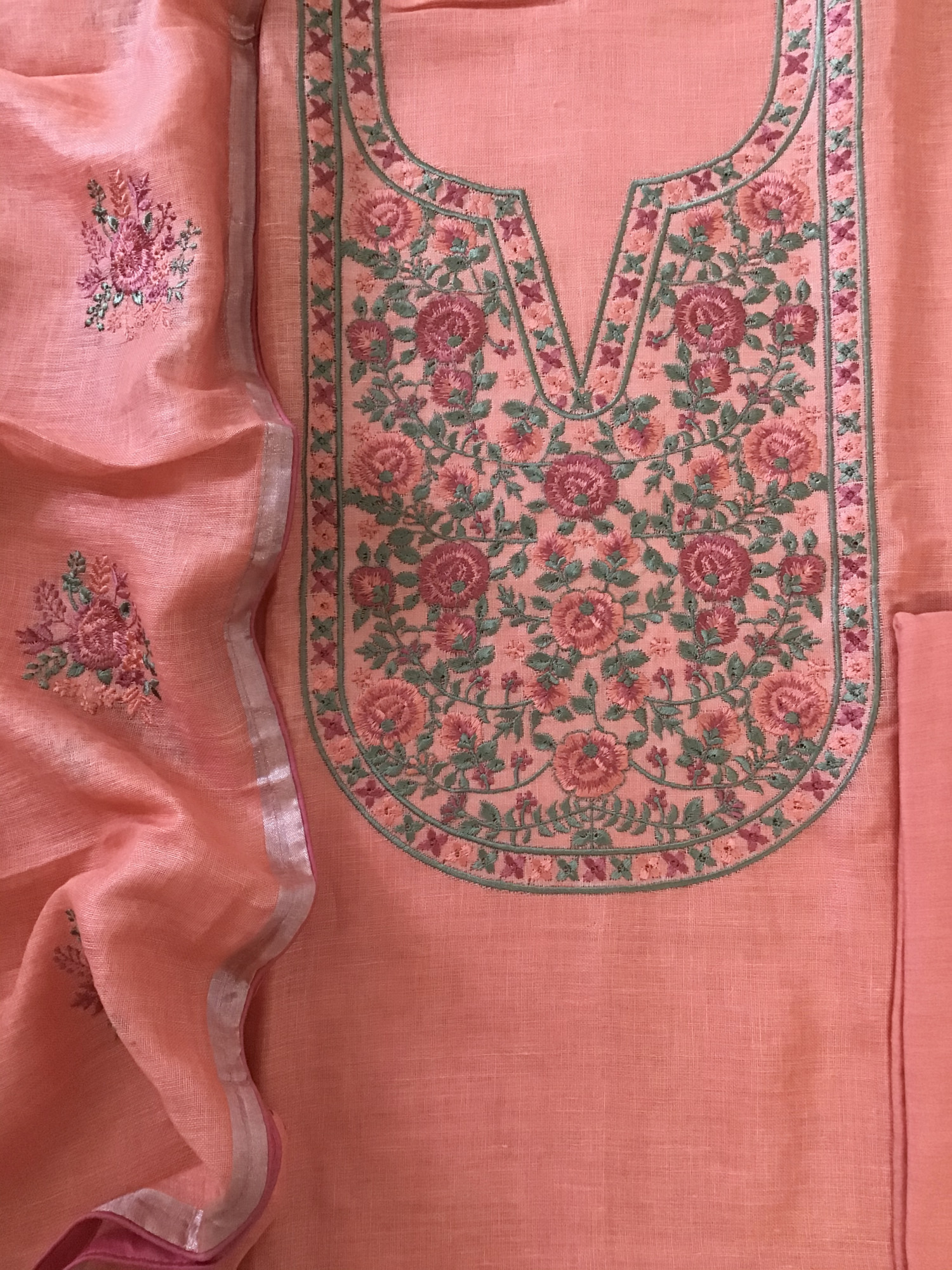 Pure Linen Jute Cotton Embroidered Suit - Peach