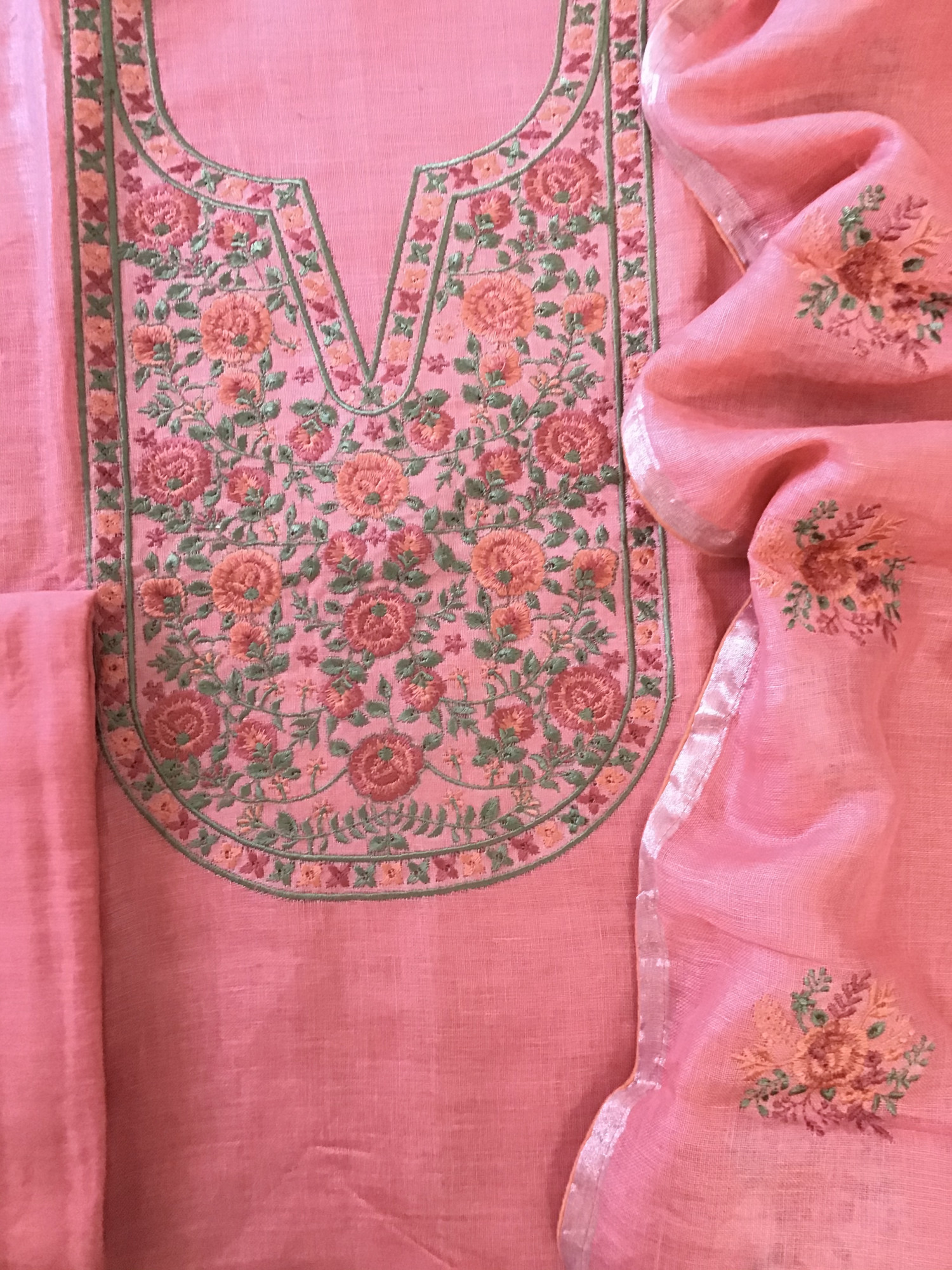 Pure Linen Jute Cotton Embroidered Suit - Pink