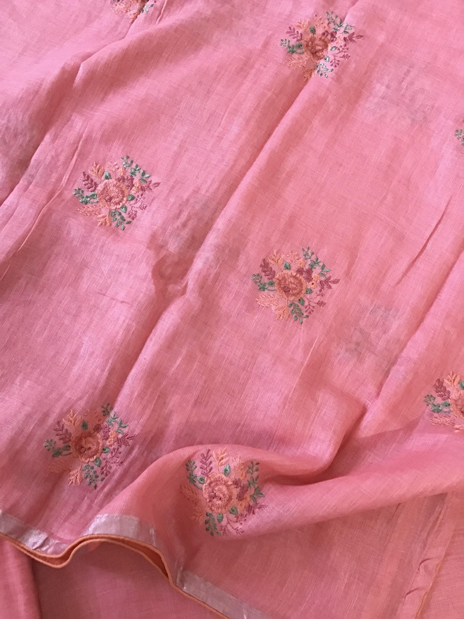 Pure Linen Jute Cotton Embroidered Suit - Pink